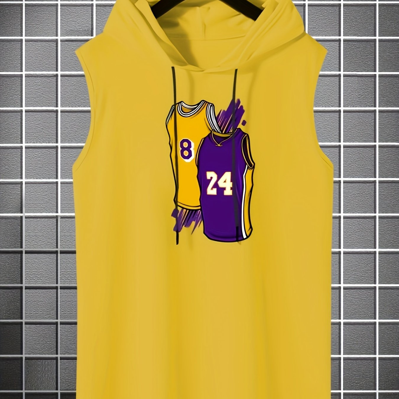 Basketball Jersey Pattern Hooded Tank Top, Men's Casual Stretch