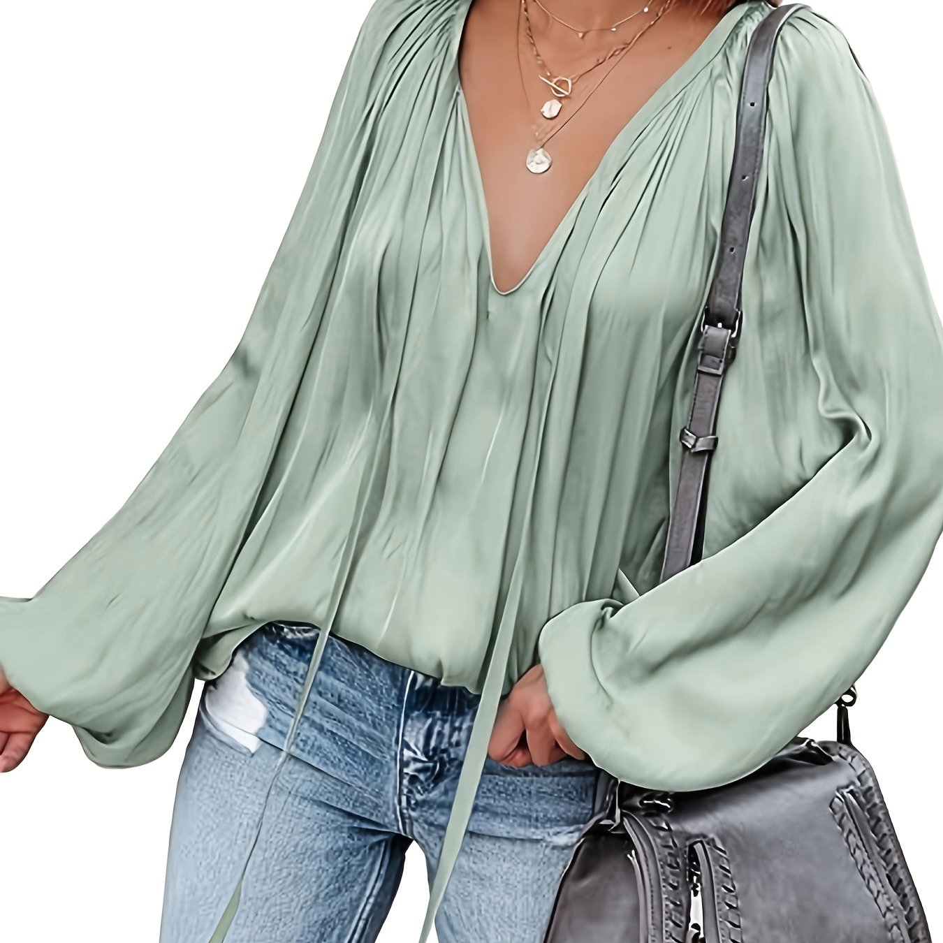 Women&#39;s Satin Blouse Long Sleeve V-Neck Semi-Sheer Top - Rich Red Solid Color, Machine Washable Lightweight Shirt for Spring Summer Fall, Resort Style Casual Chic Versatile for Day to Night Wear