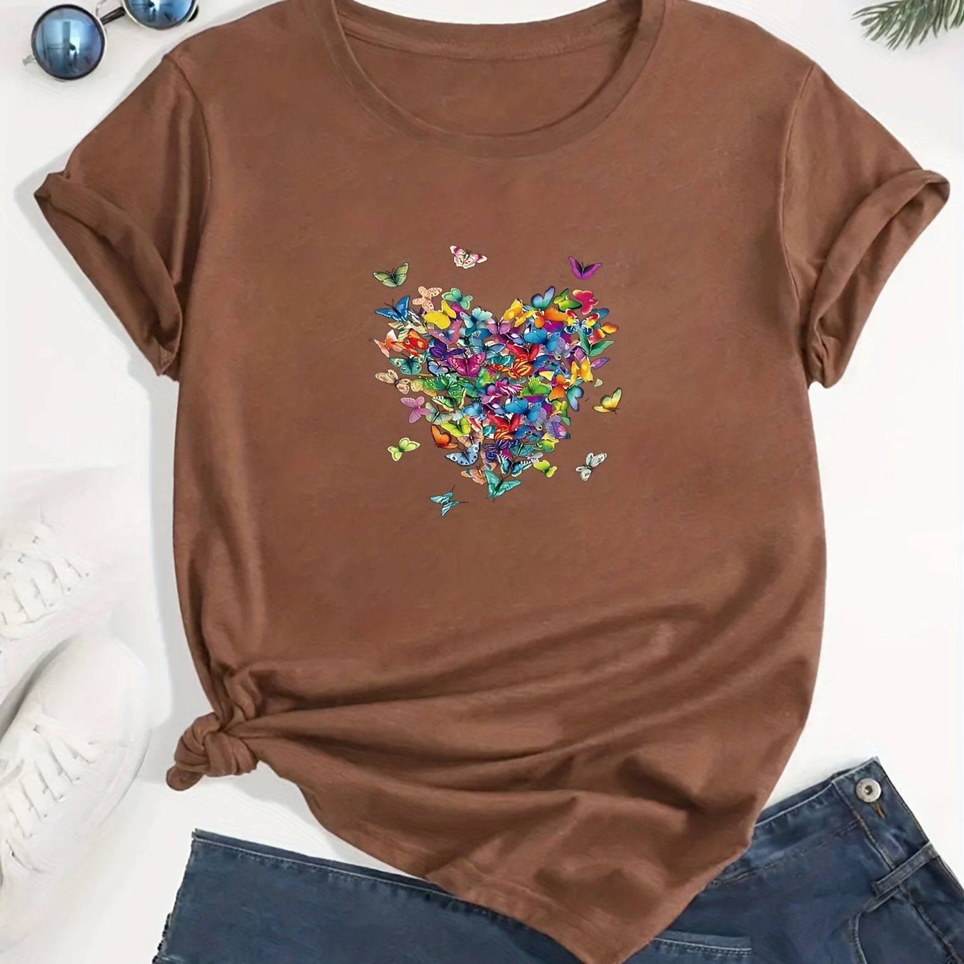 Casual Heart Print T shirt Crew Neck Loose Short Sleeve - Temu