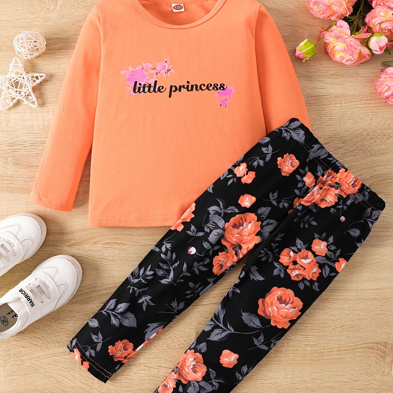 Image of Girls' Fashion Letter Rose Print Round Neck T-shirt + Rose Print Long Pants Set, For Outdoor, Spring/autumn Essentials