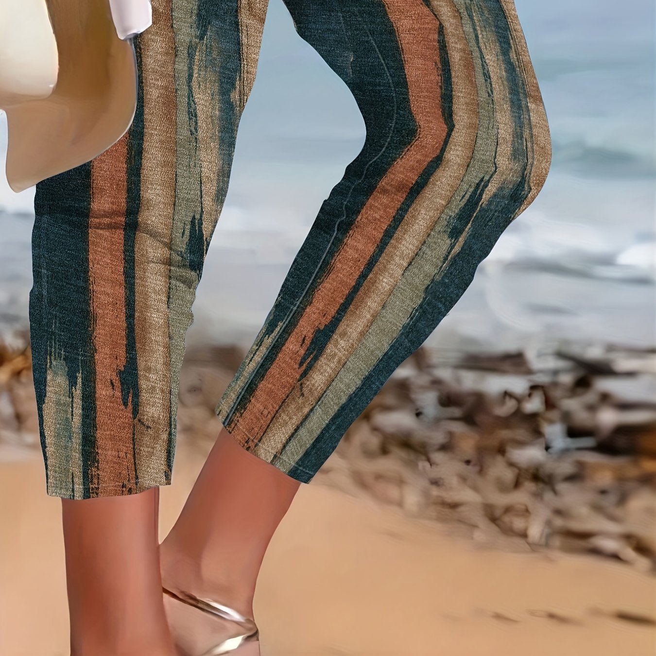 Plus Size Casual Pants, Women's Plus Brush Print Elastic Medium Stretch Slim Fit Trousers