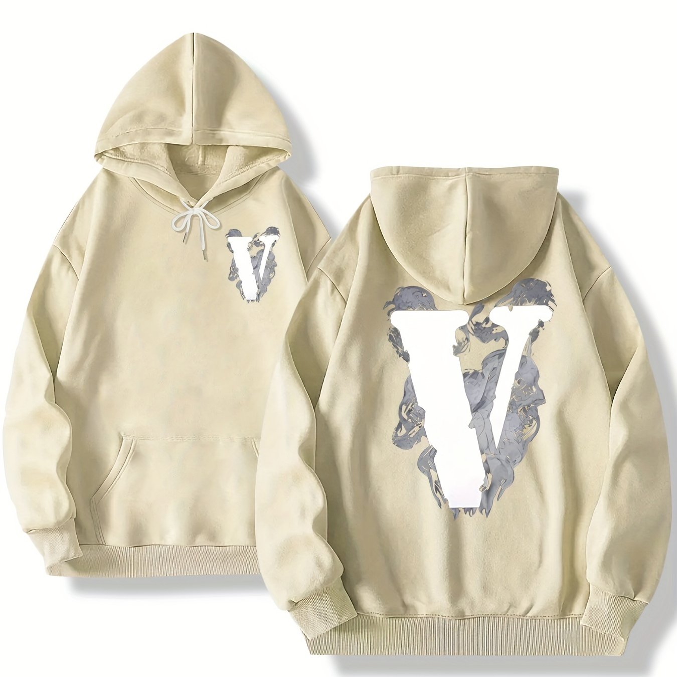 Big Letter V Print, Men's Outfits, Casual Hoodies Long Sleeve