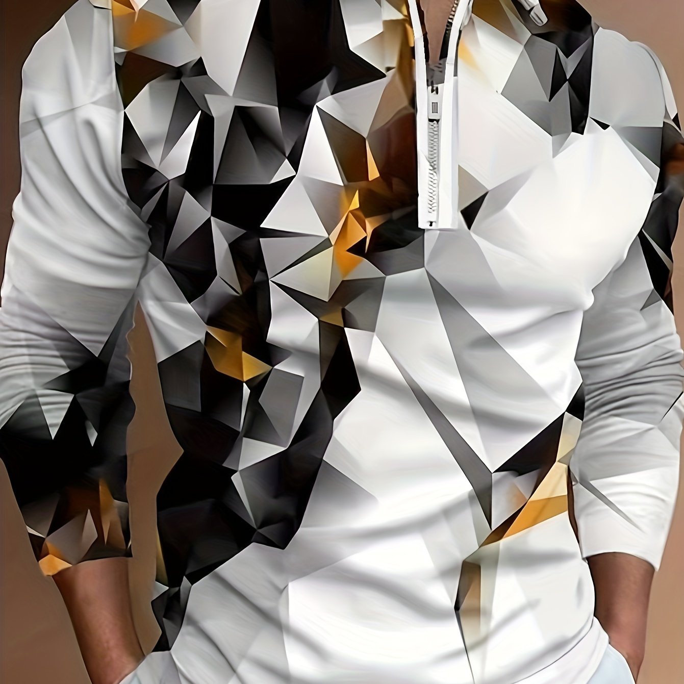 Image of Men's Geometric Print Shirt, Casual Short Sleeve Zip-up Top, 100% Polyester Knit Fabric, Stretch, Lapel Collar, Chain Detail, Regular Fit - 164 Gsm