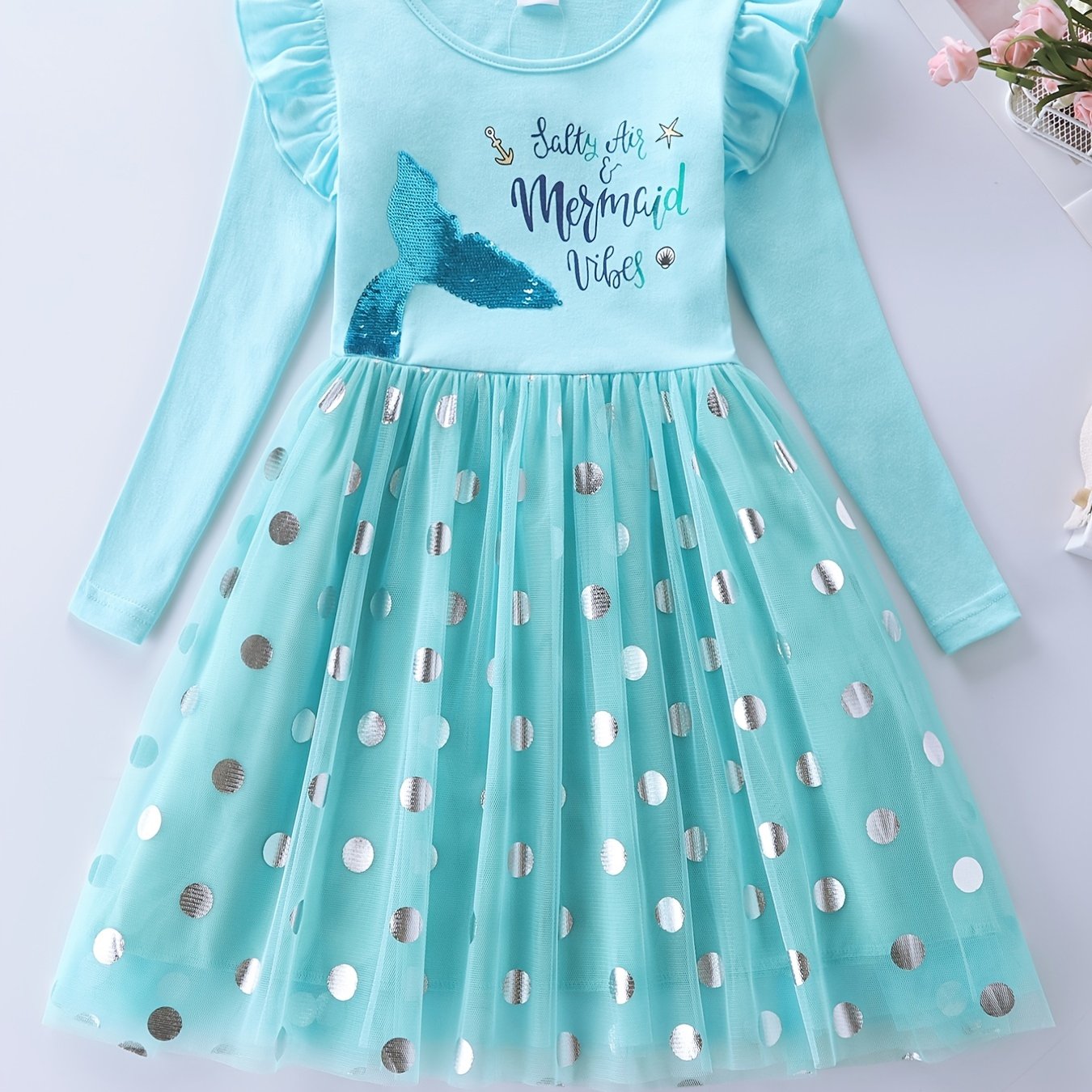 Image of Girls' Long Sleeve Mermaid Embroidered Mesh Princess Dress Autumn Back-to- Lh1803