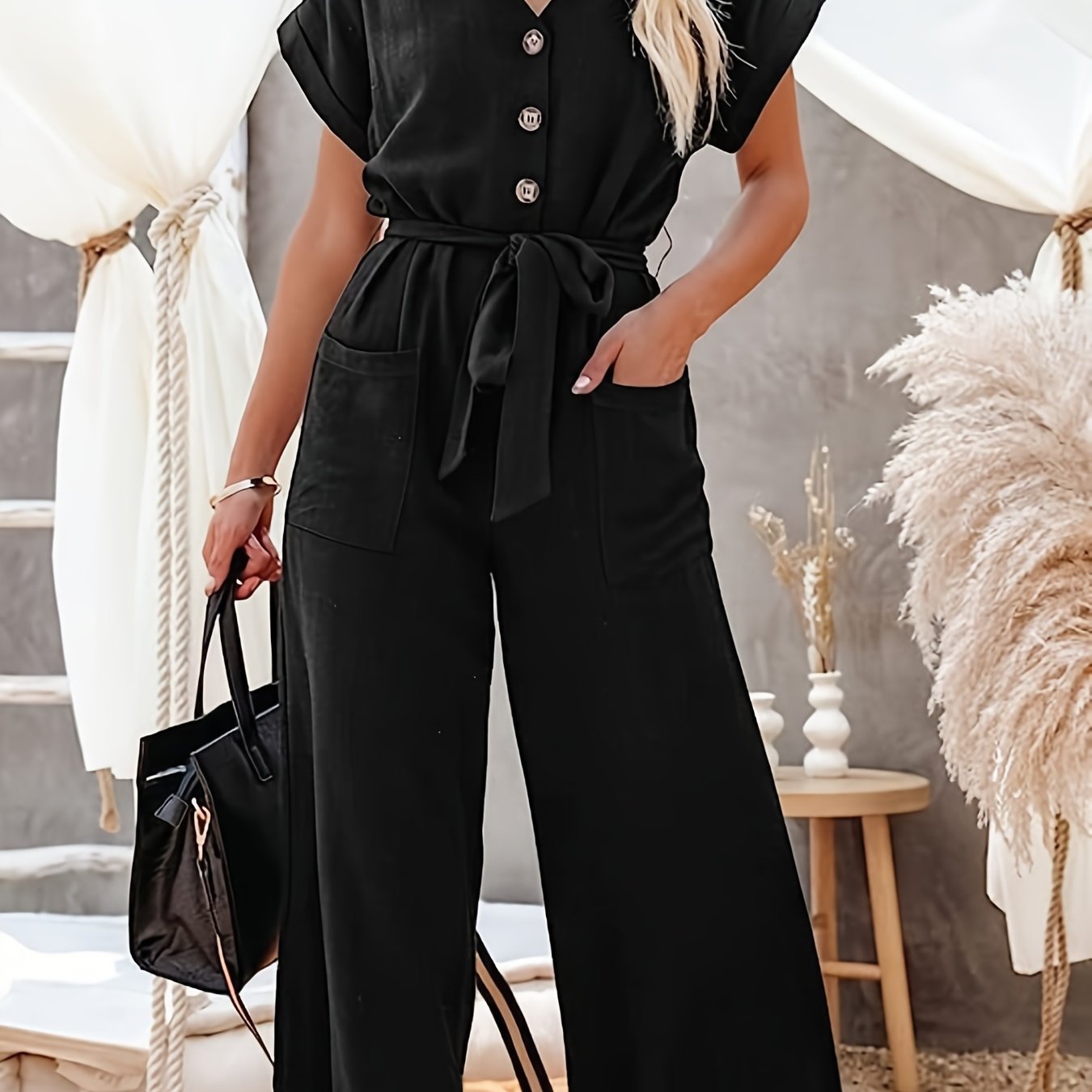 Solid V Neck Belted Wide Leg Jumpsuit Casual Short - Temu Japan