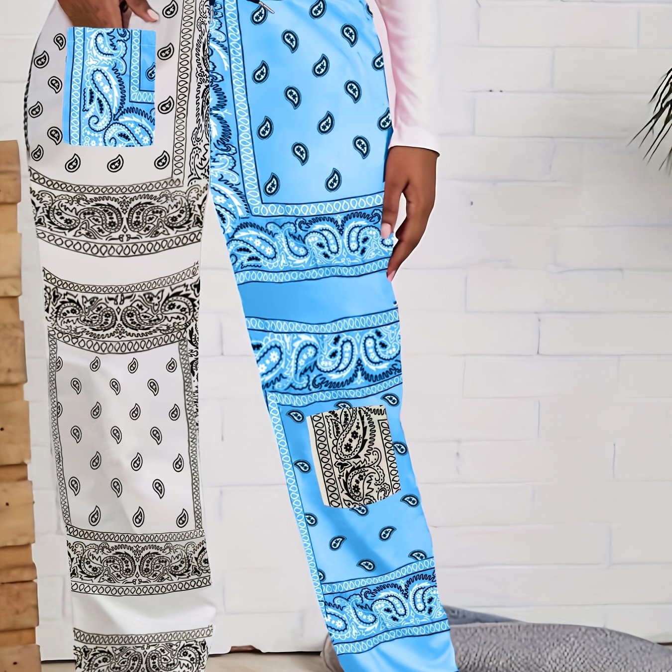 Plus Size Boho Pants Women's Plus Colorblock Paisley Print - Temu