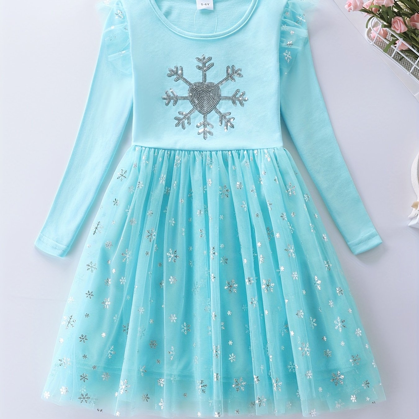 Image of Long-sleeve Snowflake Embroidery Christmas Autumn Mesh Princess Dress For Girls Lh1711