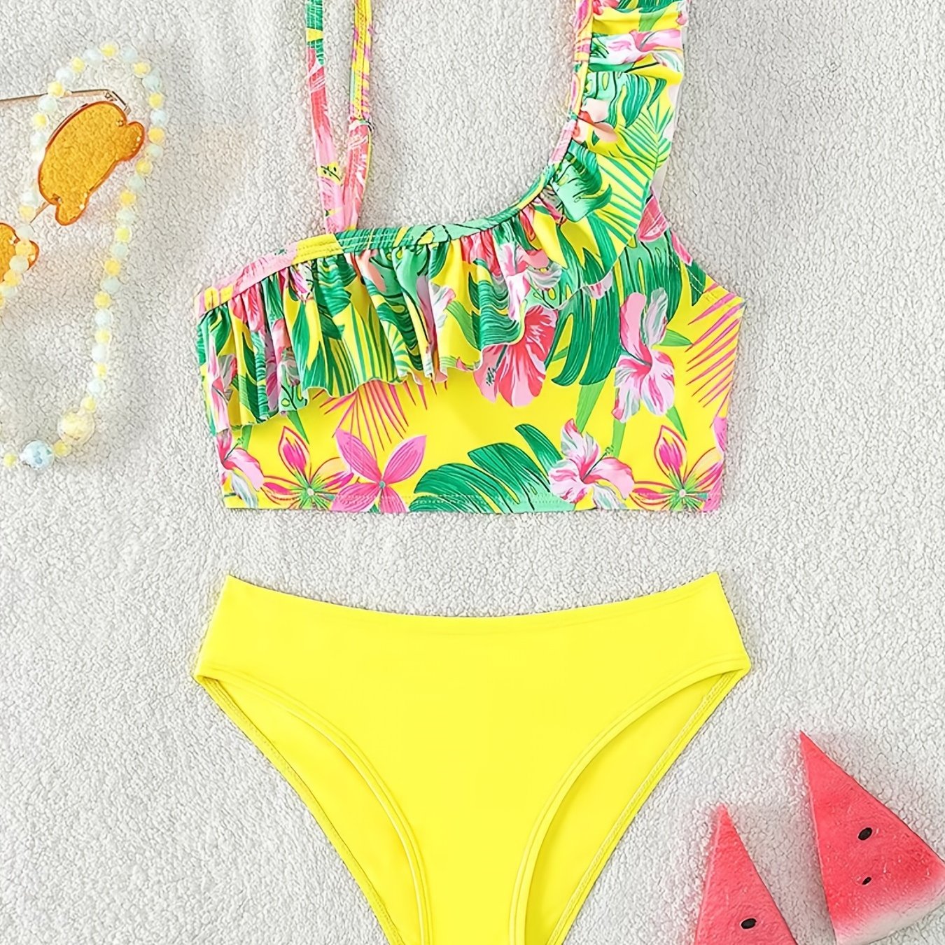 Lemon Block Floral Split Swimsuit