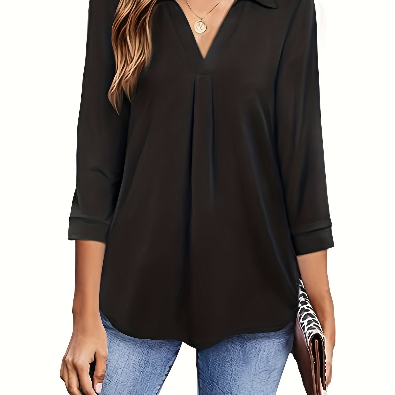 Solid V-neck Blouse, Casual 3/4 Sleeve Blouse For , Women's Clothing