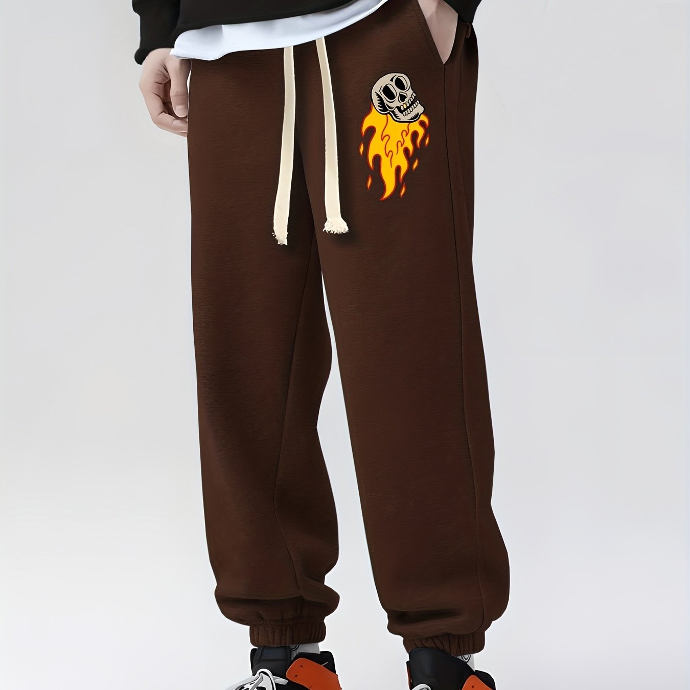 Skull With Fire Print Drawstring Sweatpants Loose Fit Pants Men's