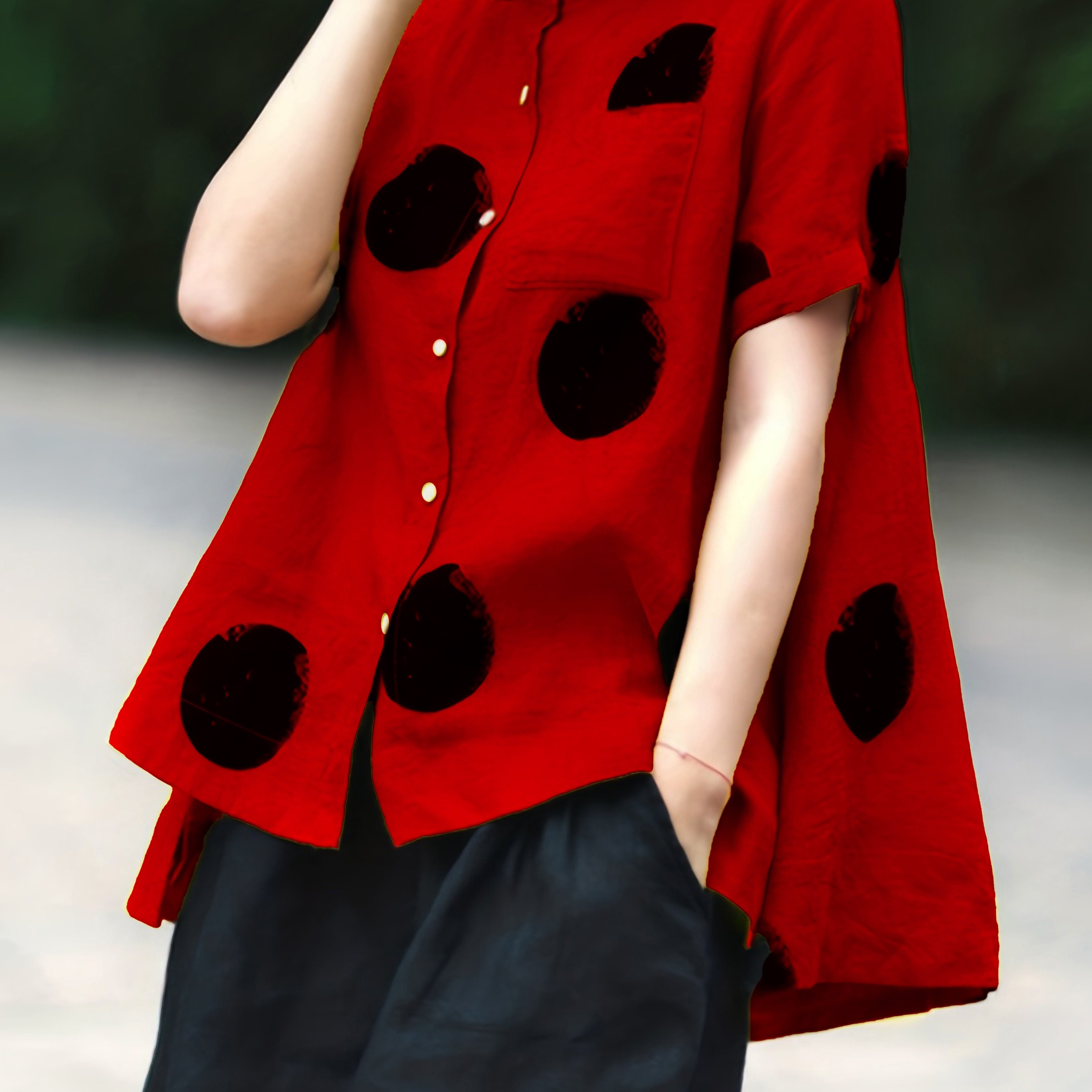 Image of Women's Vintage Polka Dot Print Shirt - Short Sleeve, Stand Collar, Button-up Top With Asymmetrical Hem, , Casual Summer Blouse For Adults, Casual Summer Wear | Vintage Style Shirt | Nonstretch Fabric