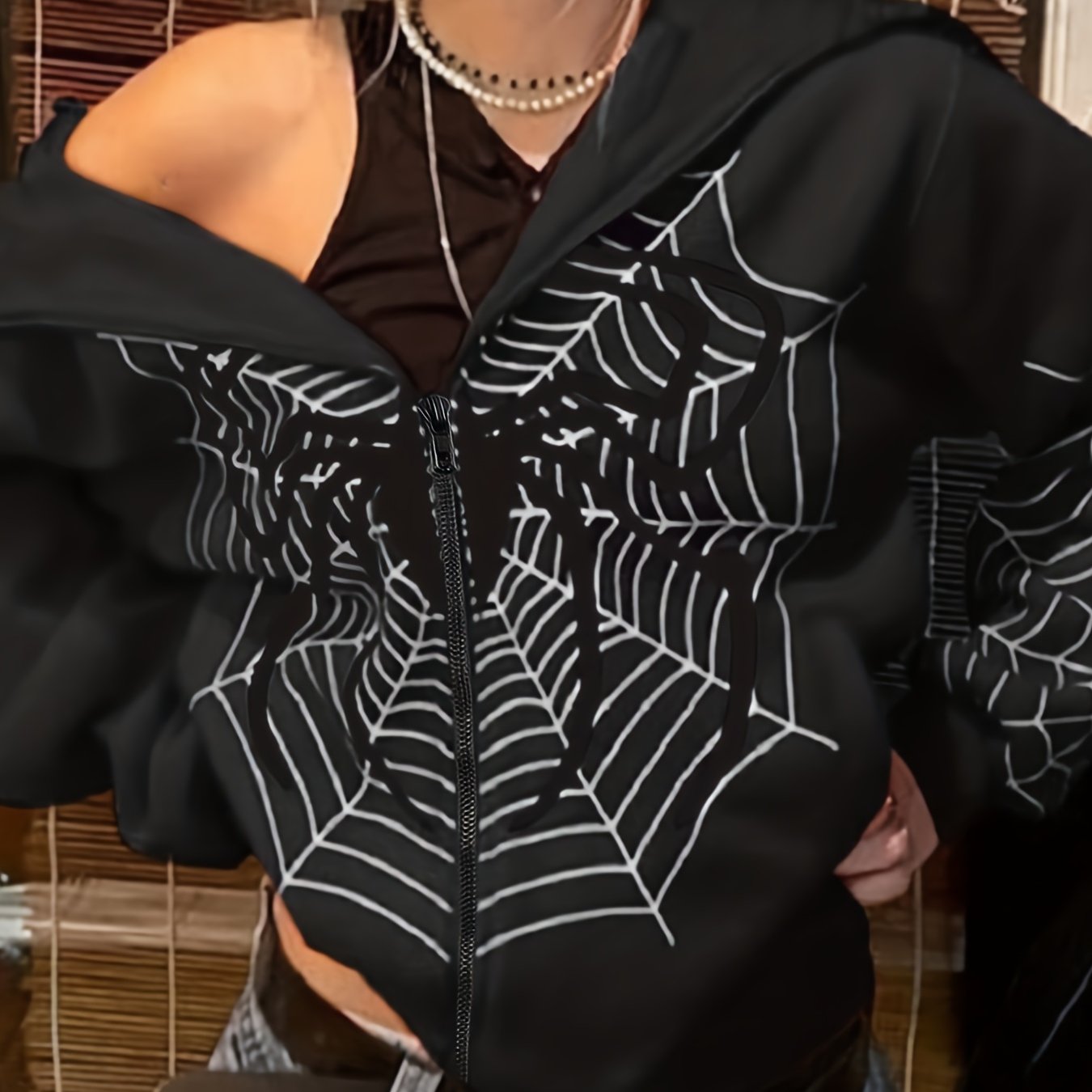 Image of Targeted European And American Cross-border Fleece Women's Hoodie Spider Web Print Loose Zipper Y2k Casual Women's Hooded Cardigan