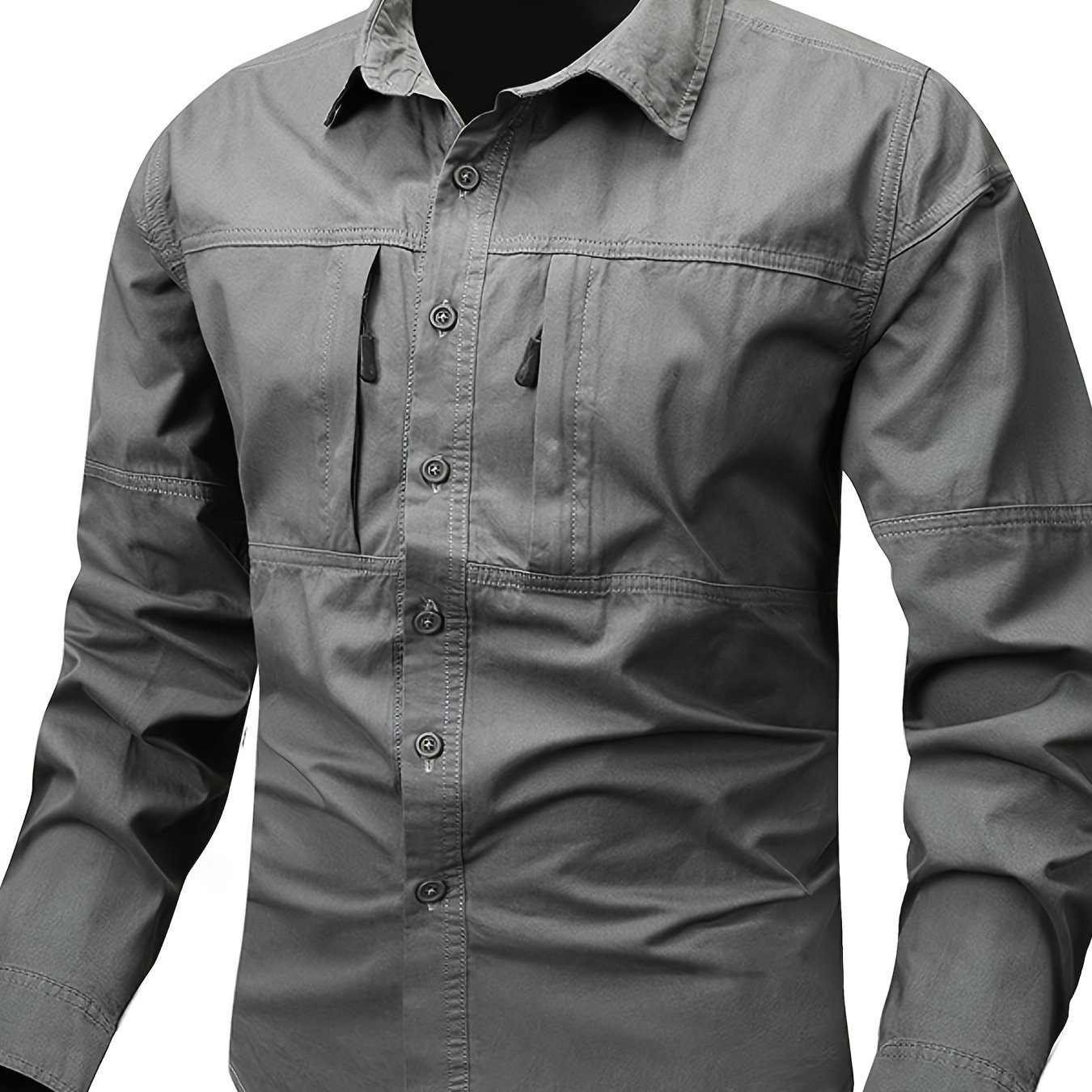 Image of Men's Multi-pocket Outdoor Work Shirt Retro Casual Loose Zipper Pocket Long Sleeve Shirt