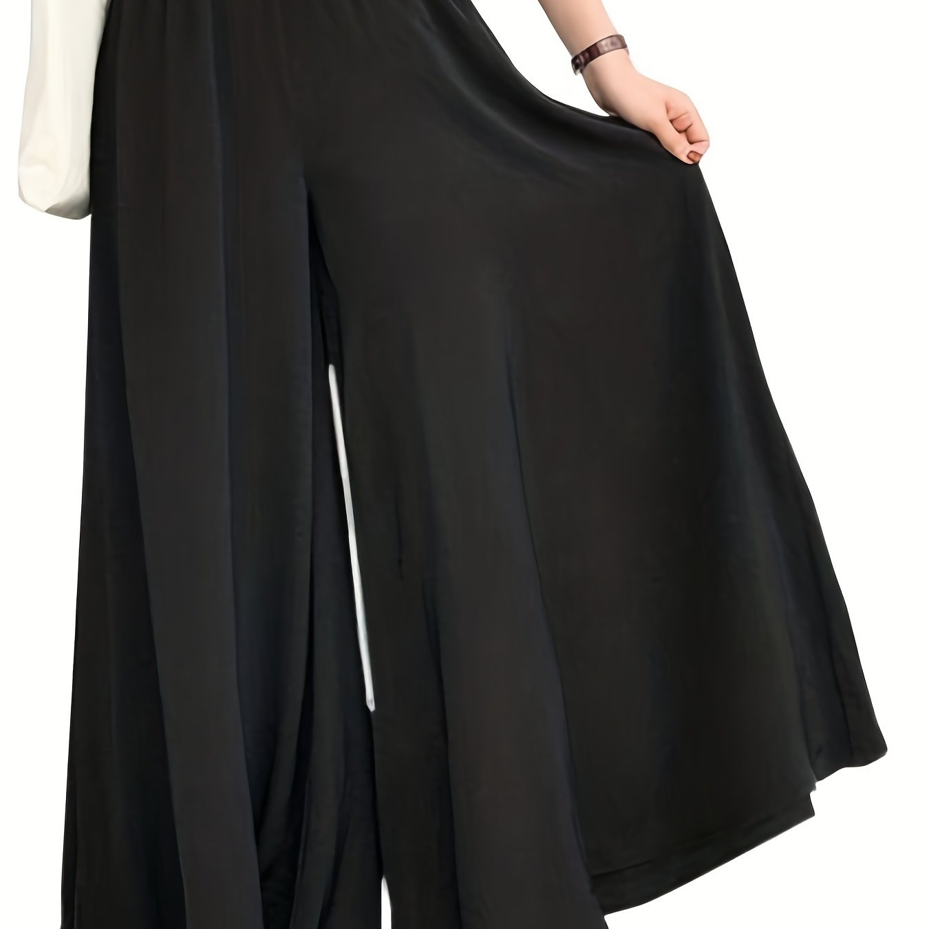 TEMU Plus Size Casual Pants, Women's Plus Solid Elastic High Rise Medium Stretch Loose Wide Leg Trousers