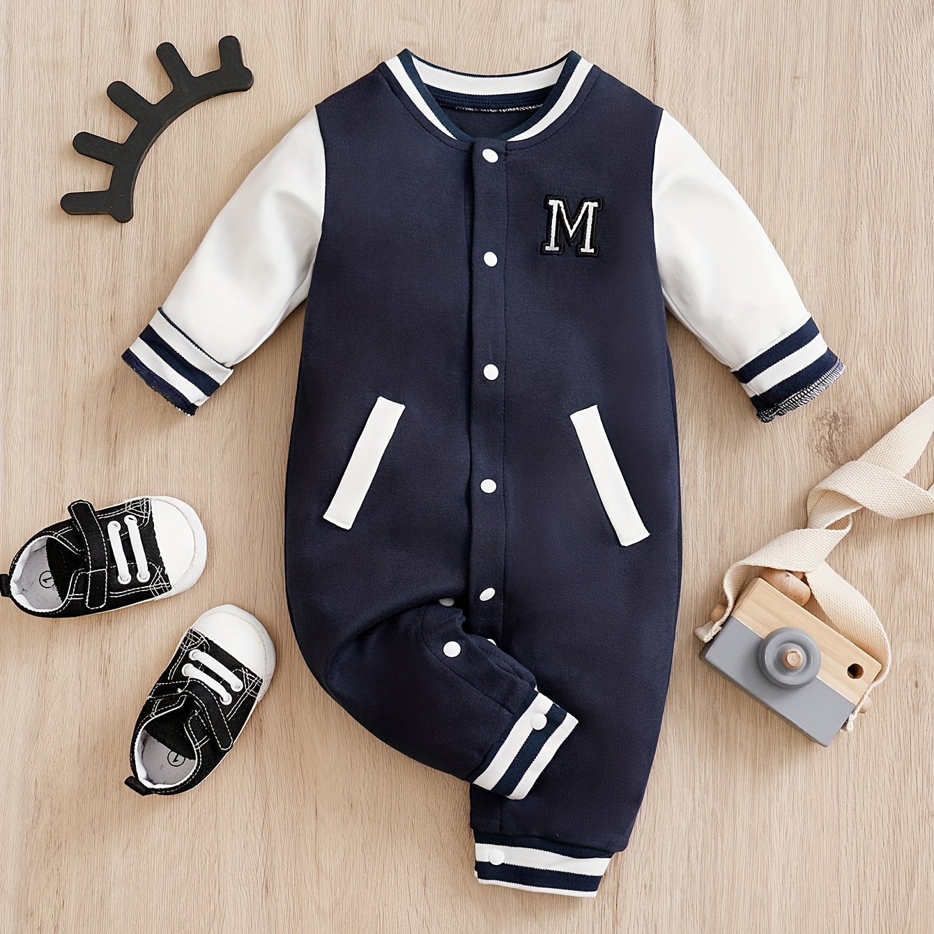 Image of Full-body Letter Baseball Romper For Boys - Navy & Striped Long Sleeve Outfit With "m" Lettering, Loose Fit Casual Spring/fall Clothing, For Outdoor