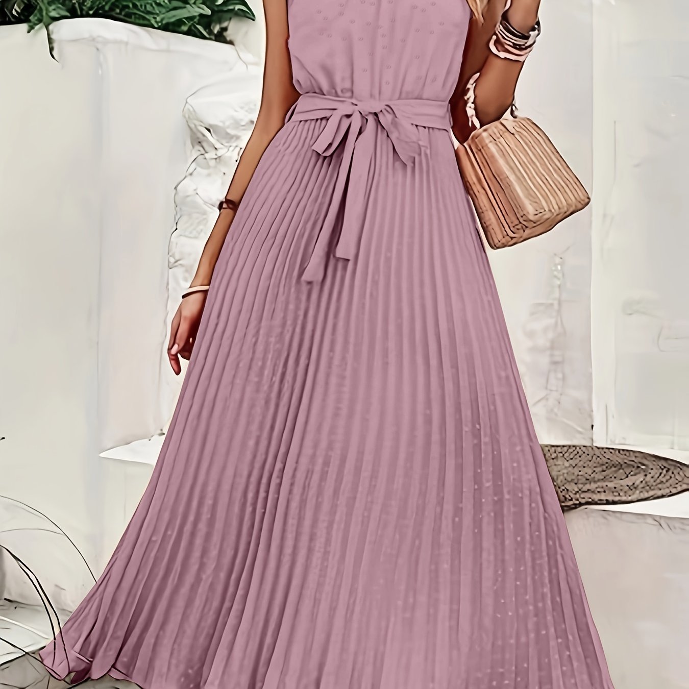 solid pleated dress elegant sleeveless knotted maxi dress womens clothing