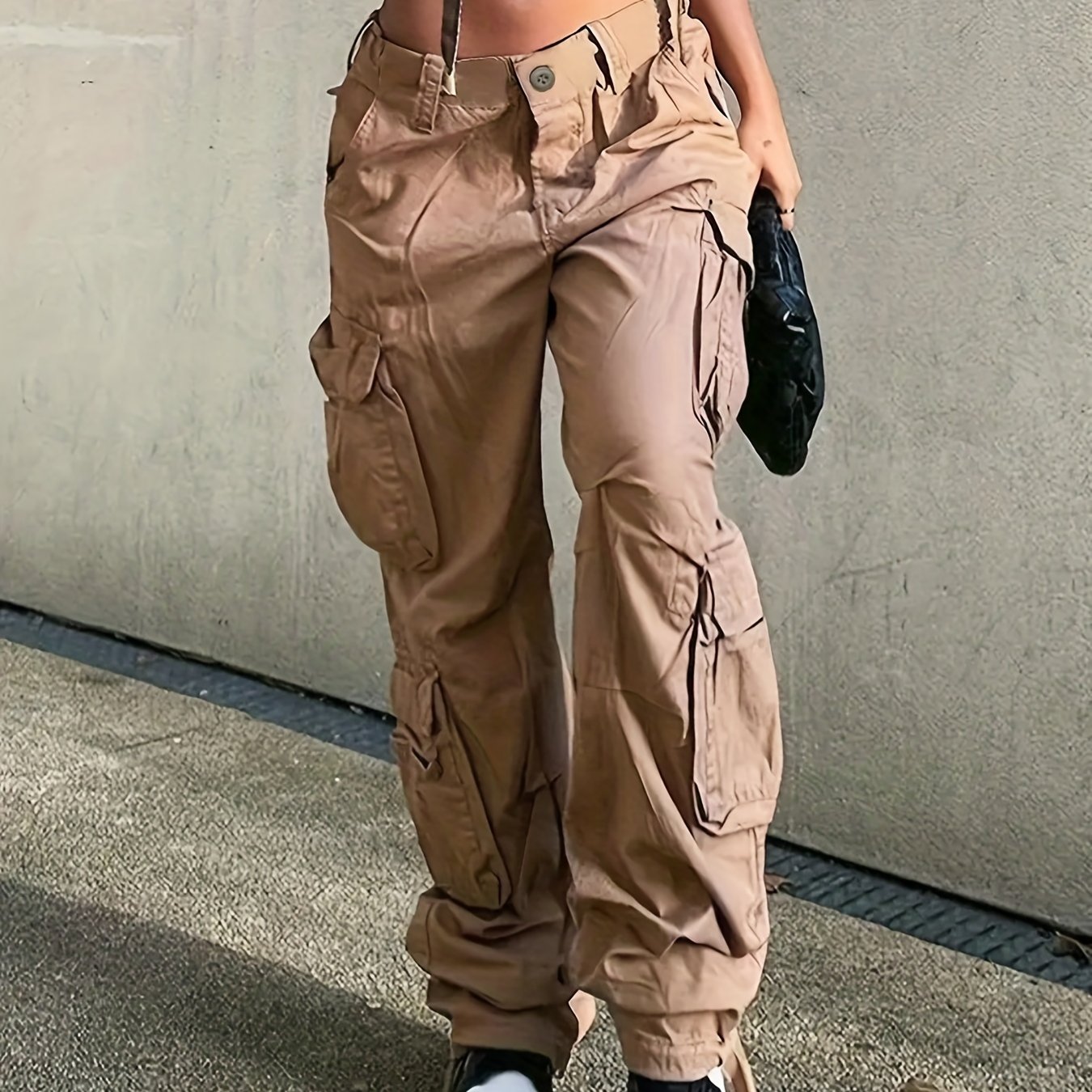 Plain Flap Pockets Cargo Pants, Loose Fit Non-Stretch Y2K & Kpop Style  Baggy Jeans, Women's Denim Jeans & Clothing