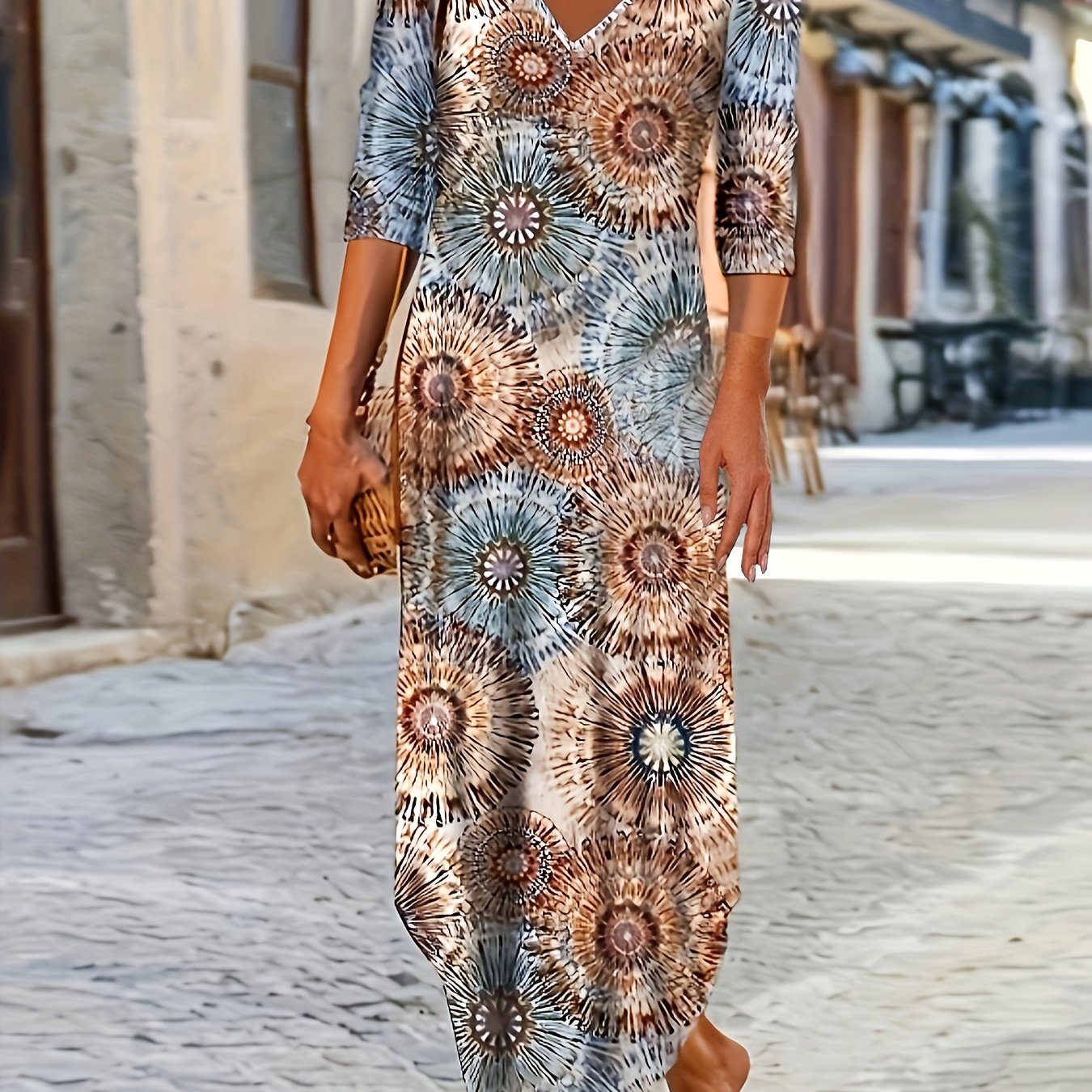 ethnic graphic print dress boho v neck long sleeve maxi dress womens clothing