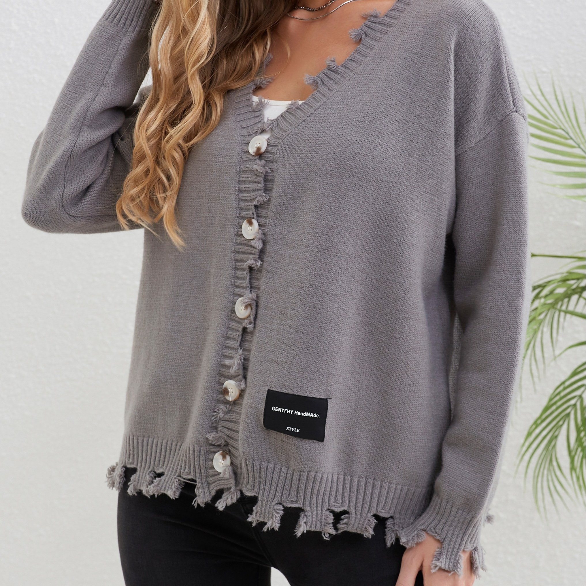 Distressed Button Knit Cardigan Elegant Long Sleeve Trim - Temu 