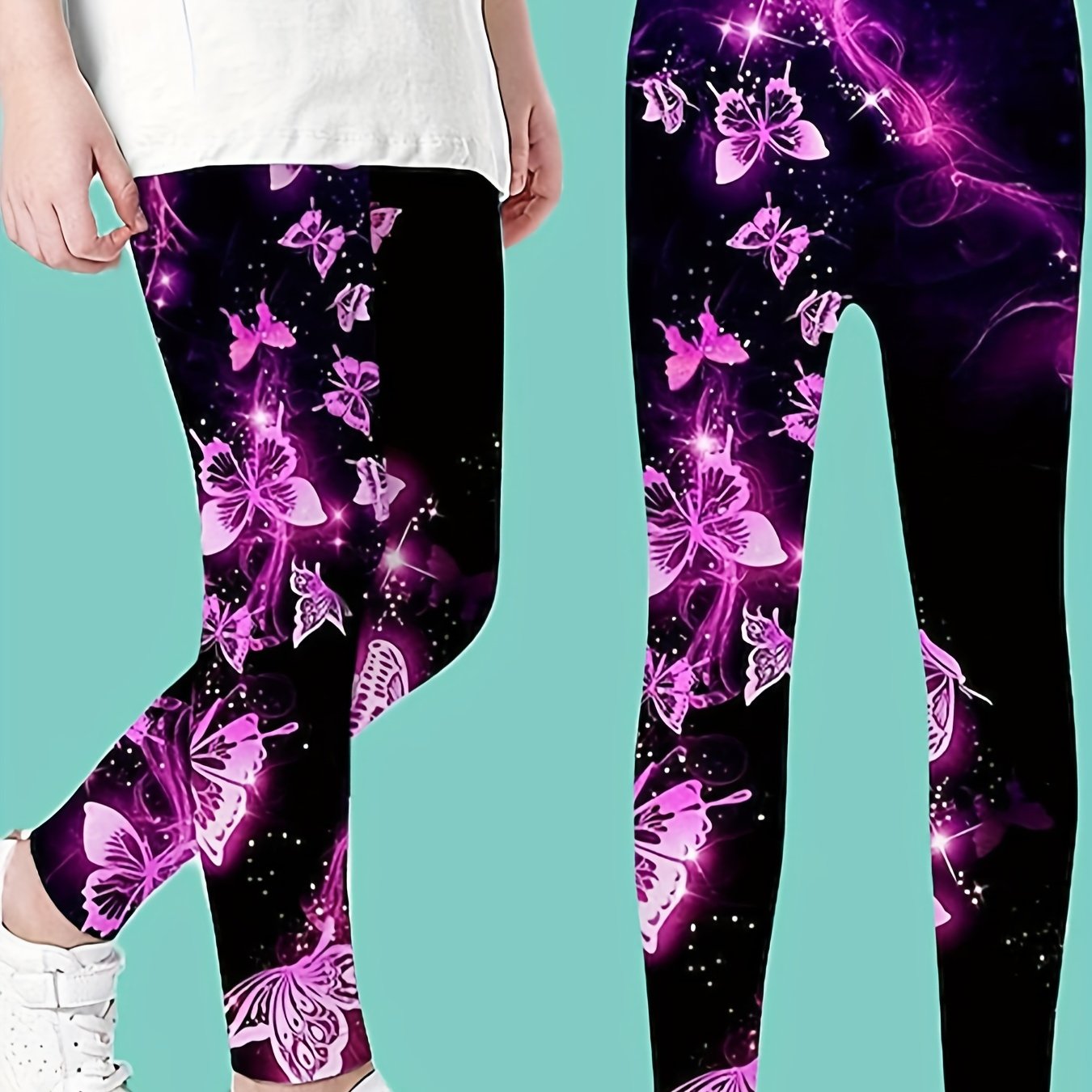 Image of Girls Breathable & Comfy Butterflies Graphic Print Leggings For Spring & Fall