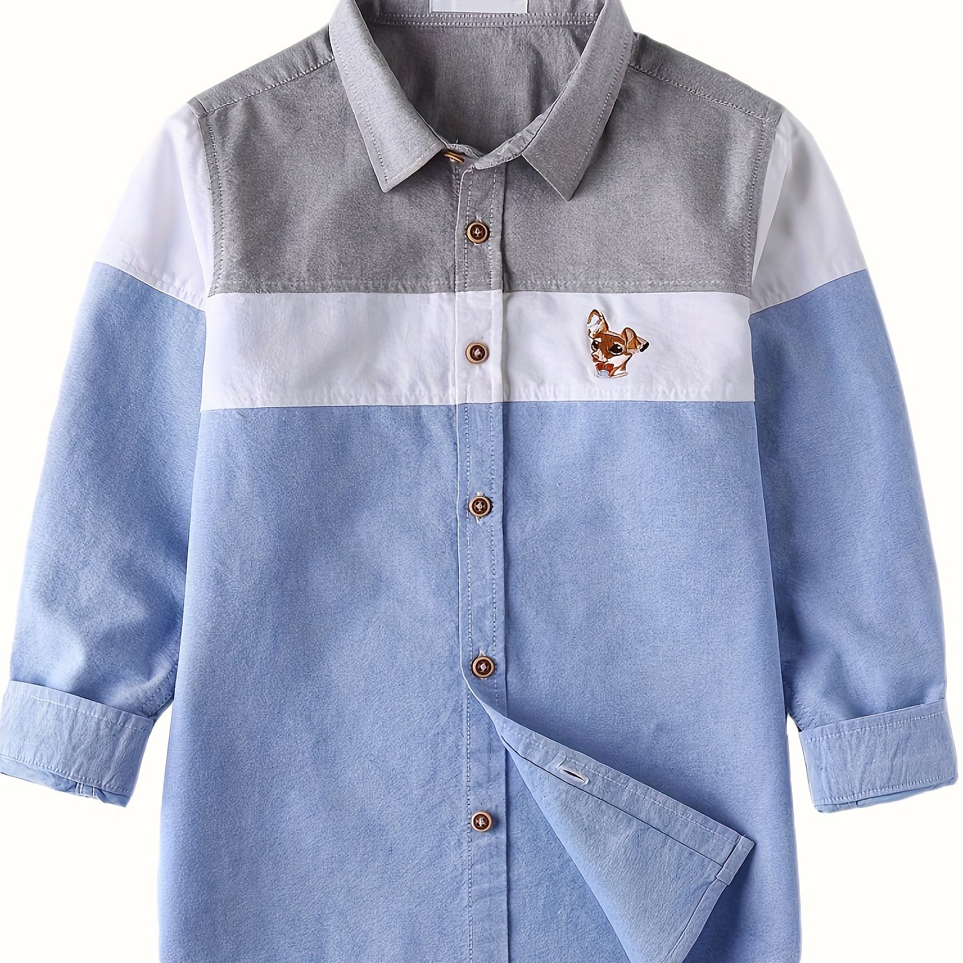 Boys' Shirt Long Sleeve 2023 Spring Color-block Lapel Shirt Top Mid-to-large Child