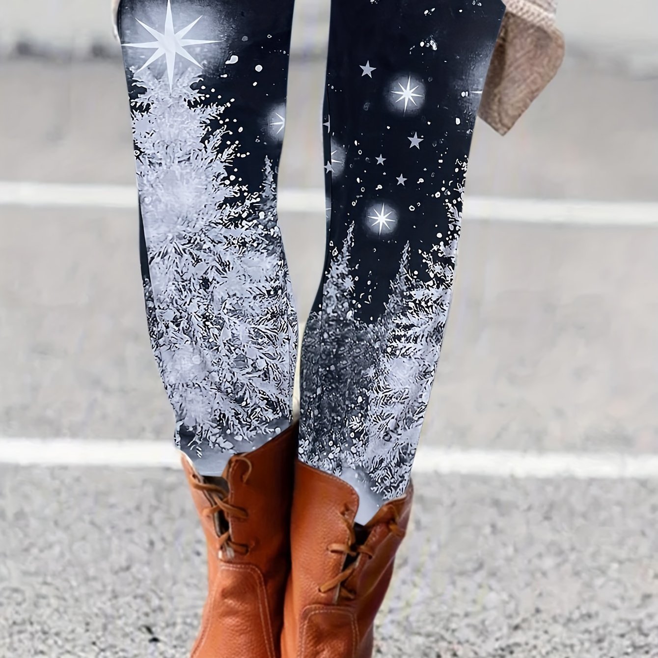 Plus Size Christmas Leggings, Women's Plus Glitter Christmas Tree Print  Elastic High Rise High Stretch Yoga Leggings