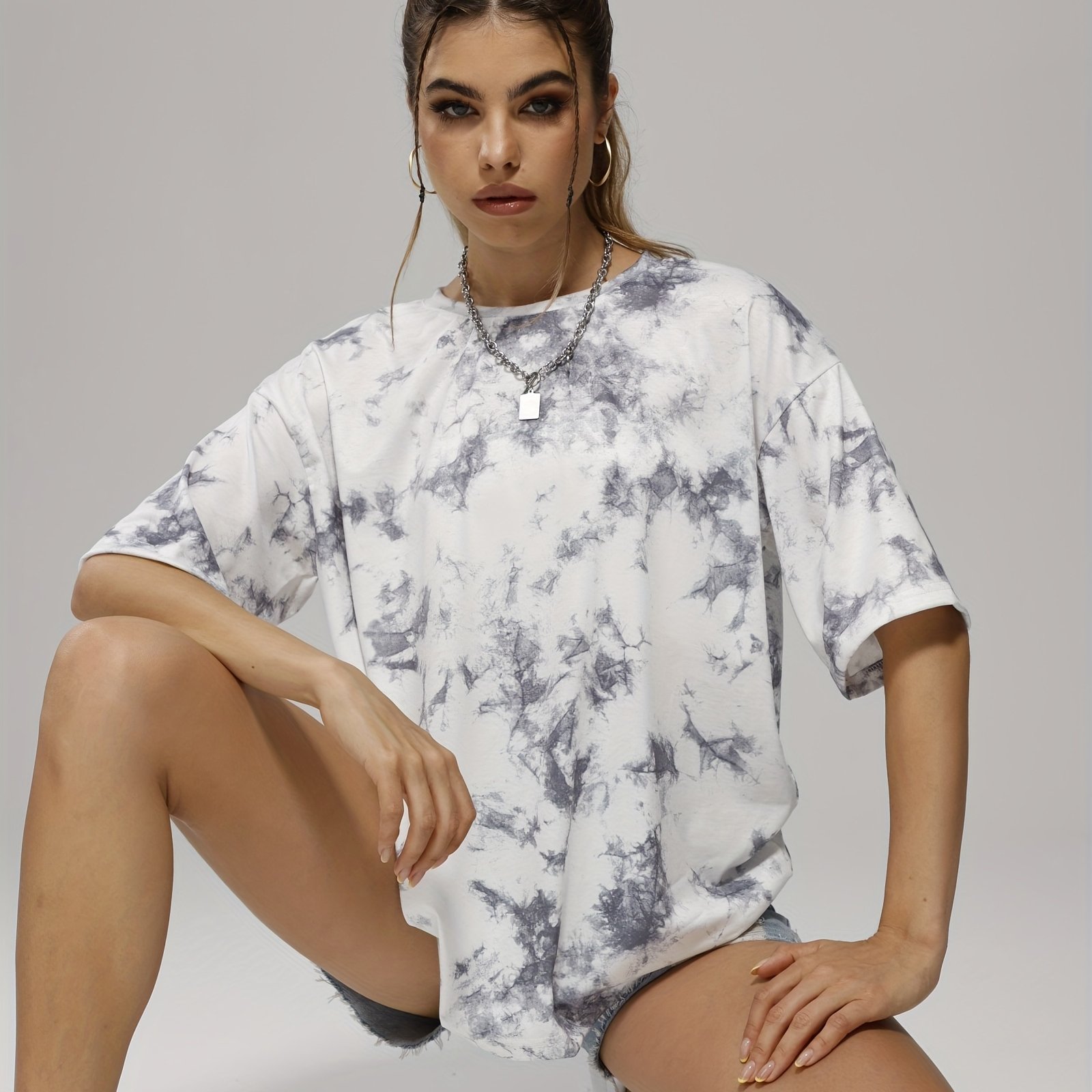 Image of Tie-dye Crew Neck T-shirt, Casual Loose Oversized Half Sleeve Summer T-shirts Tops, Women's Clothing
