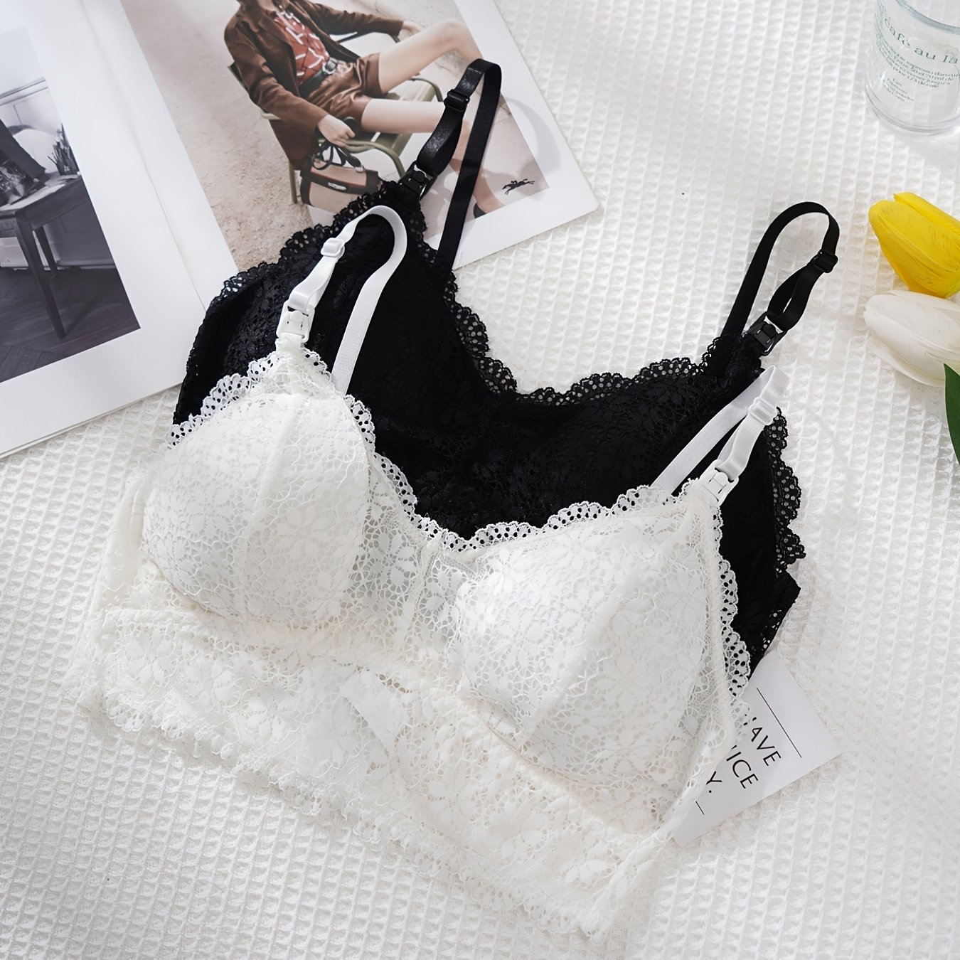 3pcs Contrast Lace Wireless Bras, Elegant Scallop Trim Padded Bra, Women's  Lingerie & Underwear