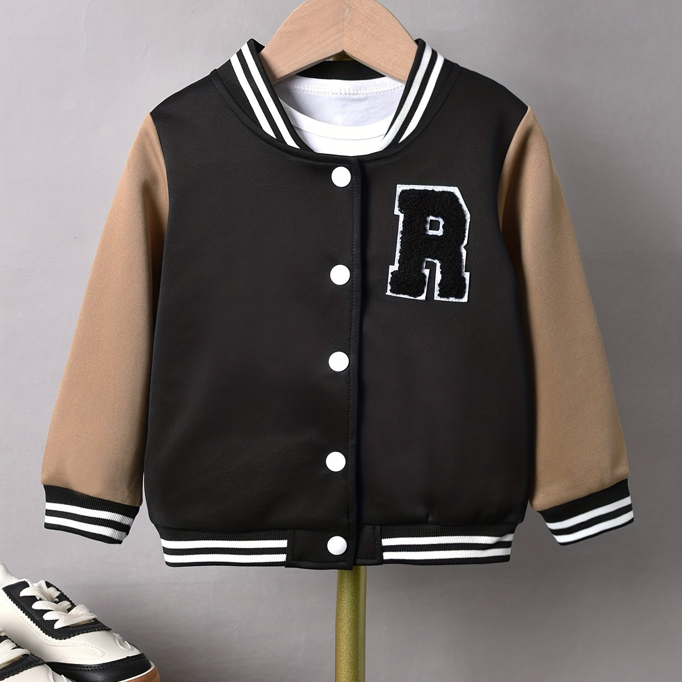 100% Mama's Mini Print Varsity Jacket For Kids, Preppy Style Bomber Jacket,  Button Front Long Sleeve Coat, Boy's Clothes For Spring Fall Outdoor - Temu