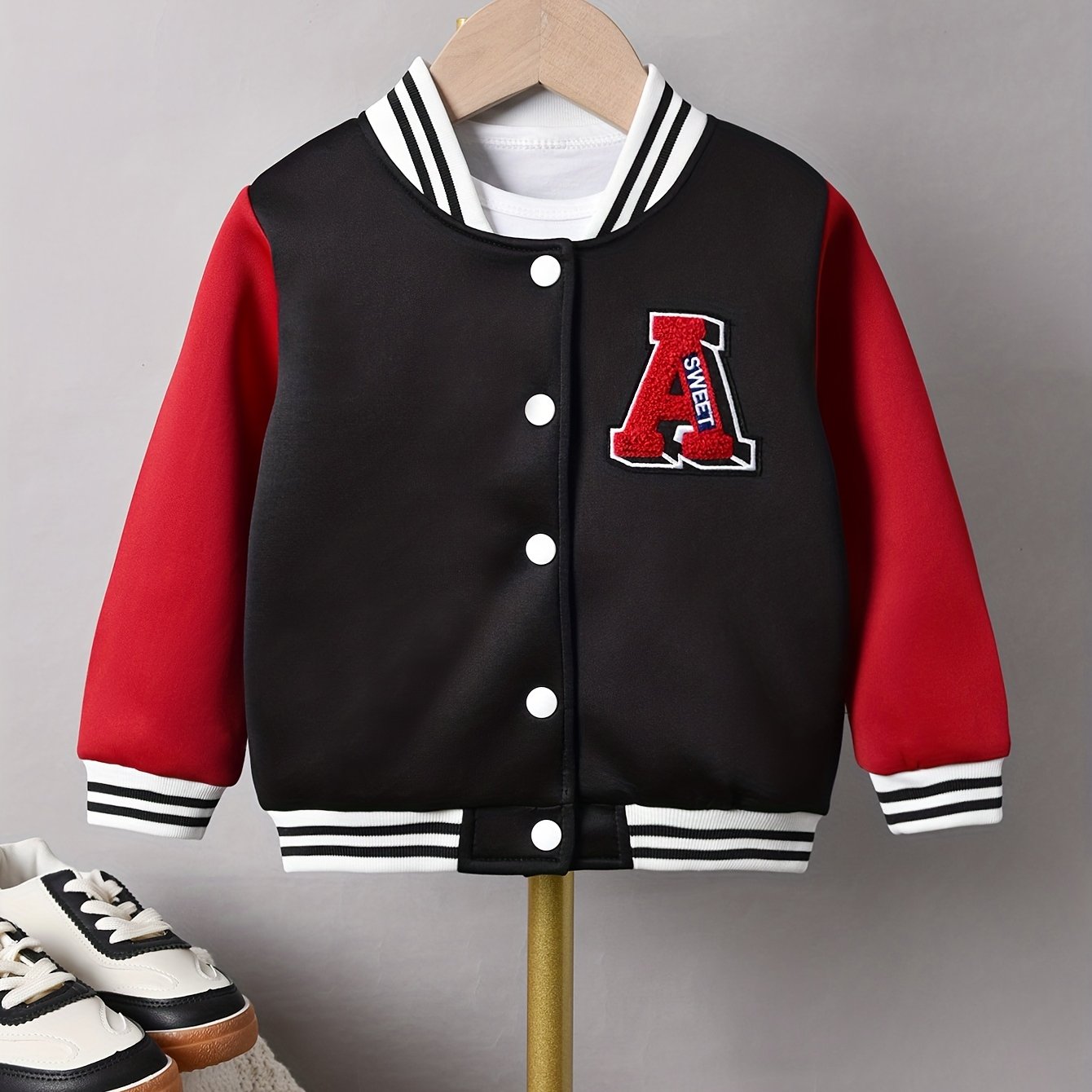 100% Mama's Mini Print Varsity Jacket For Kids, Preppy Style Bomber Jacket,  Button Front Long Sleeve Coat, Boy's Clothes For Spring Fall Outdoor - Temu