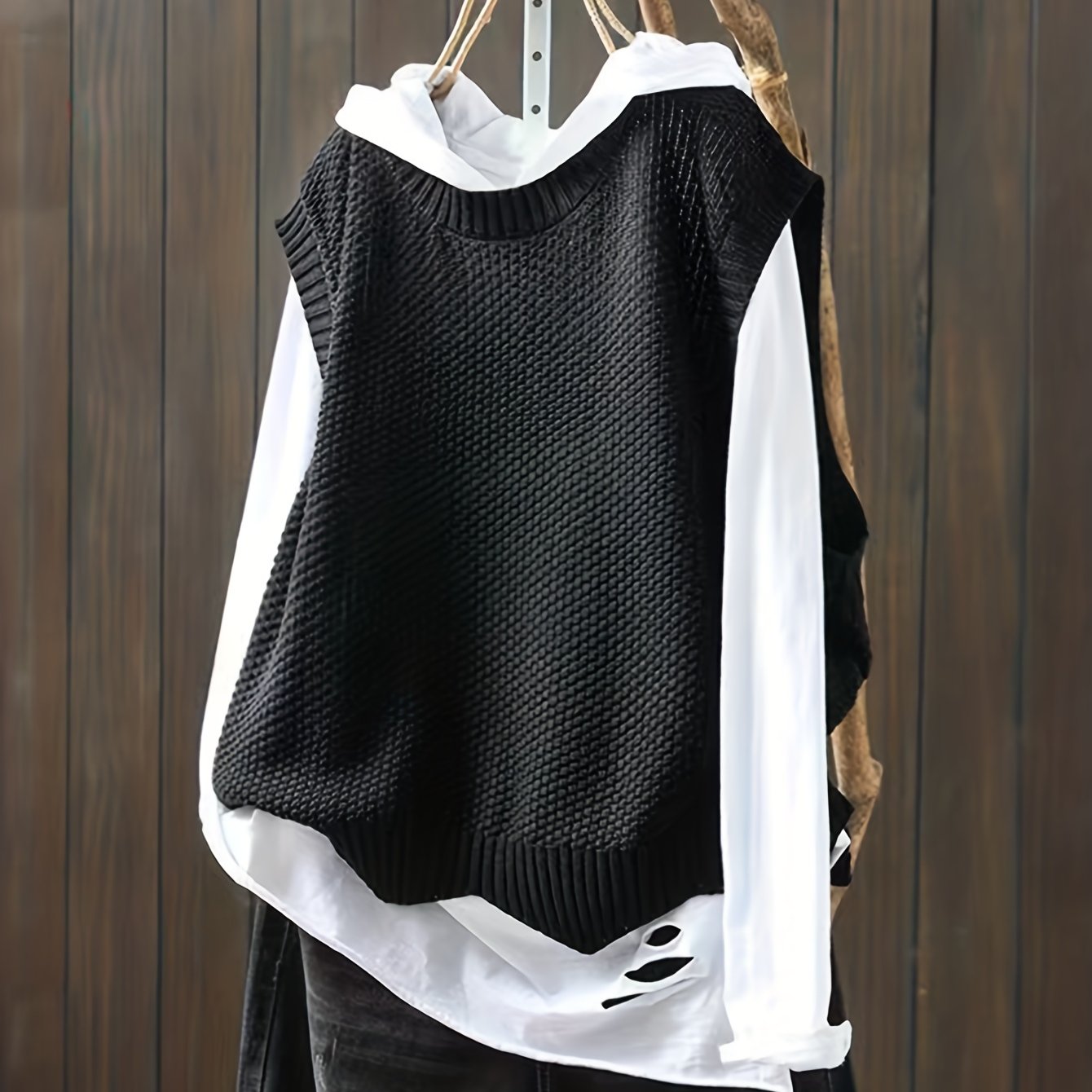 TEMU Solid Crew Neck Knitted Vest, Casual Sleeveless Loose Sweater, Women's Clothing