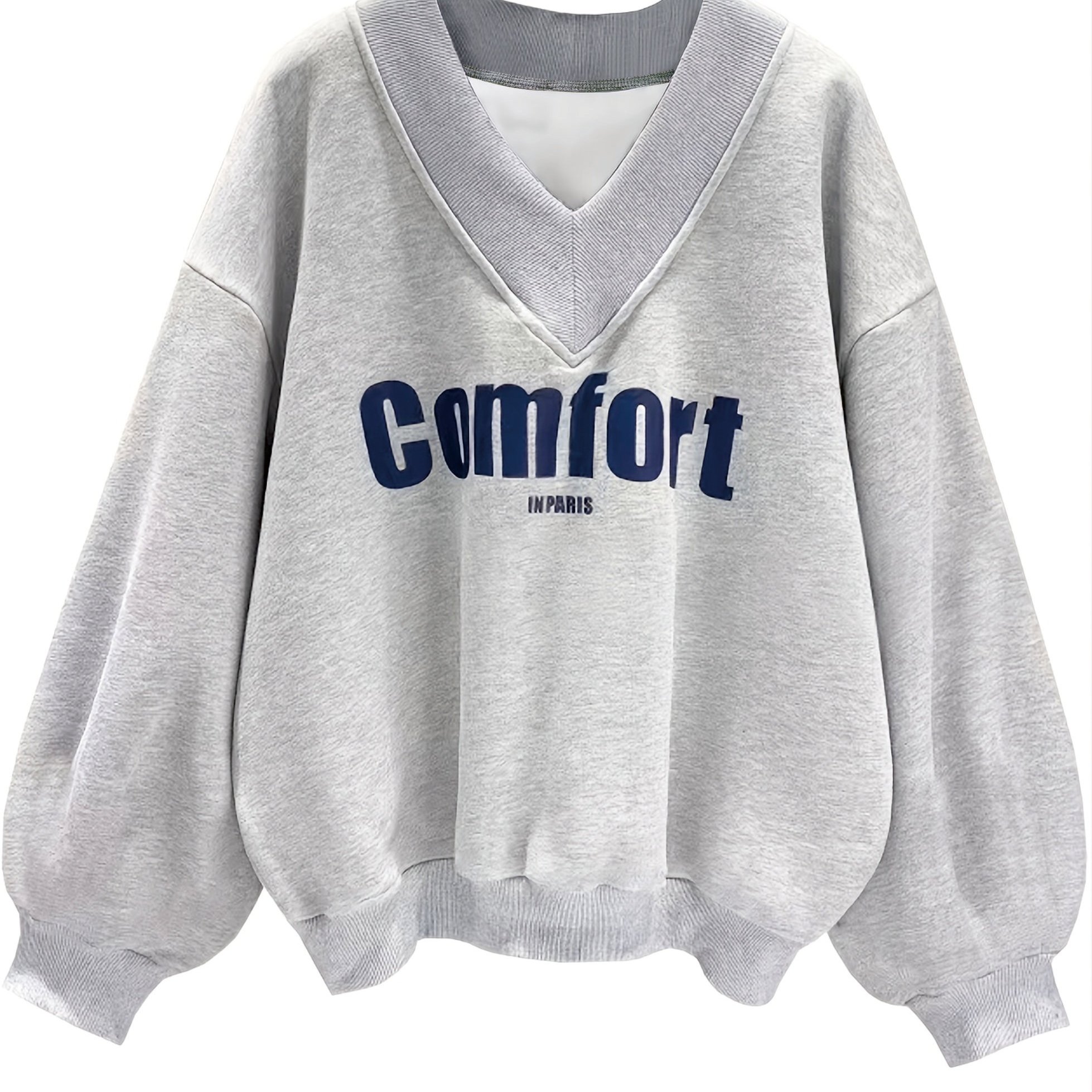 Letter Graphic Print Sweatshirt, Long Sleeve V Neck Pullover Sweatshirt,  Casual Tops For Fall & Winter, Women's Clothing