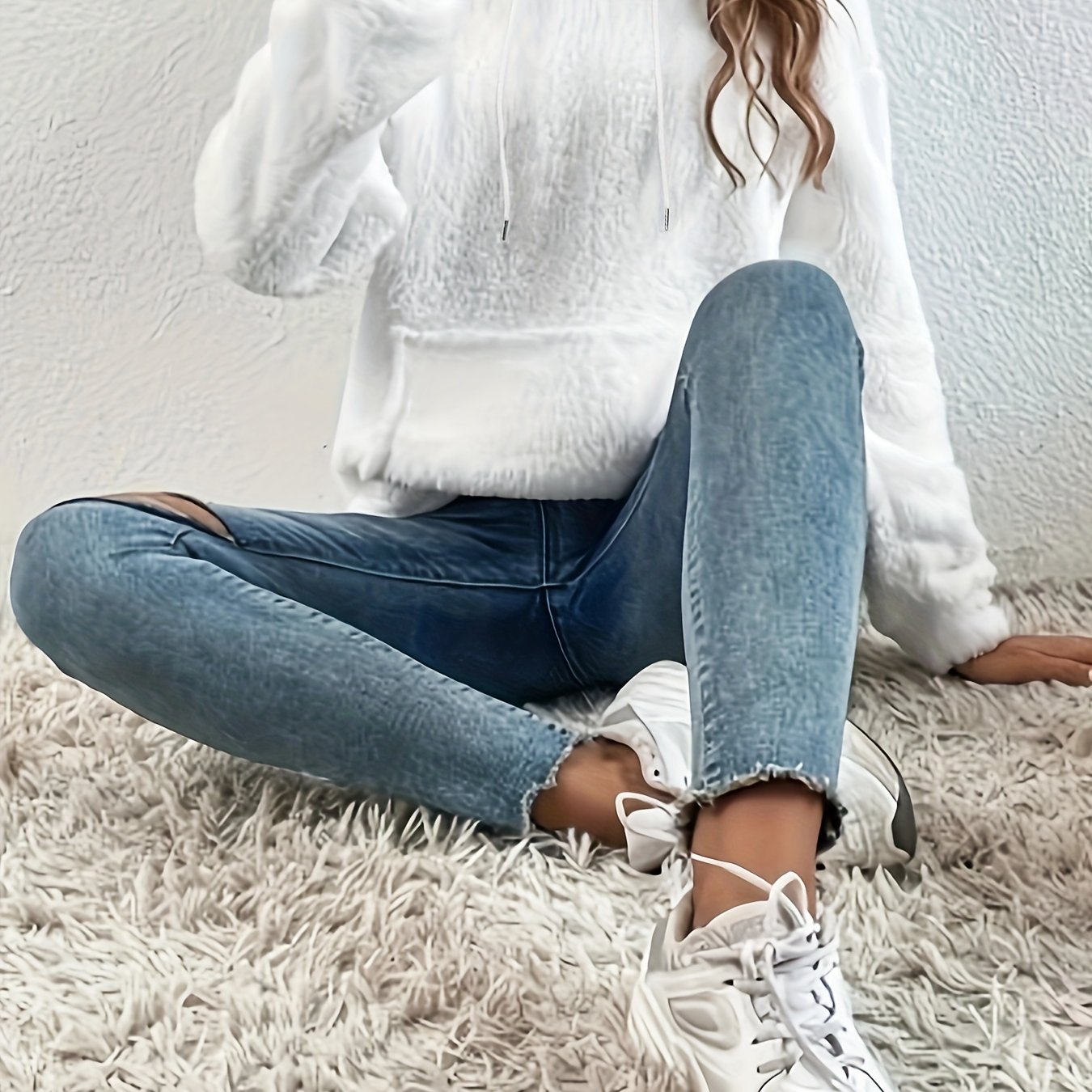 Kangaroo Pocket Plush Hoodie, Casual Long Sleeve Drawstring Hoodies Sweatshirt, Women's Clothing