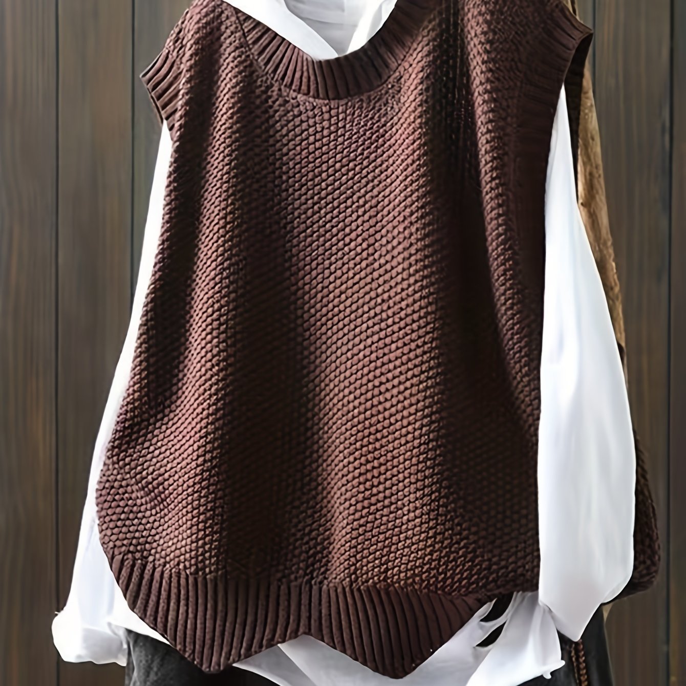 TEMU Solid Color Vest, Loose Round Neck Pullover Short Vest, Wavy Hem Over Sleeveless Top