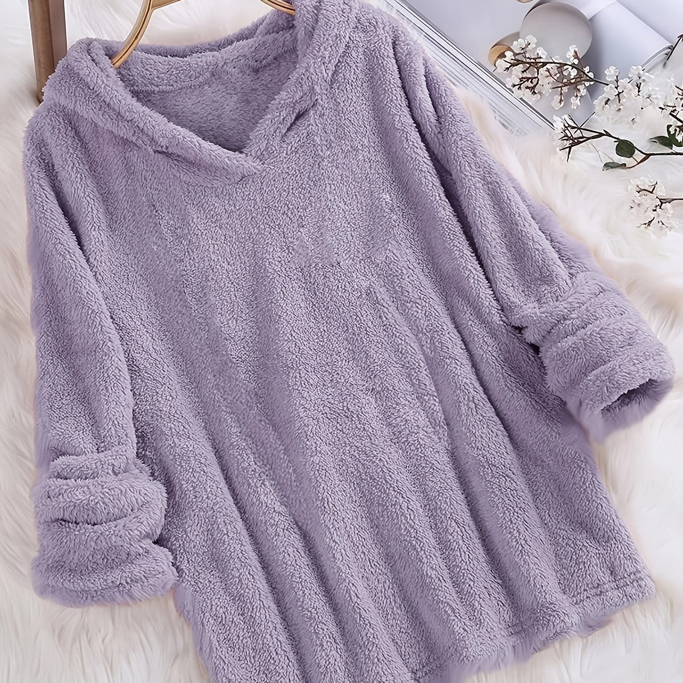 TEMU Fleece Solid Hoodie, Casual Long Sleeve Hoodies Sweatshirt, Women's Clothing