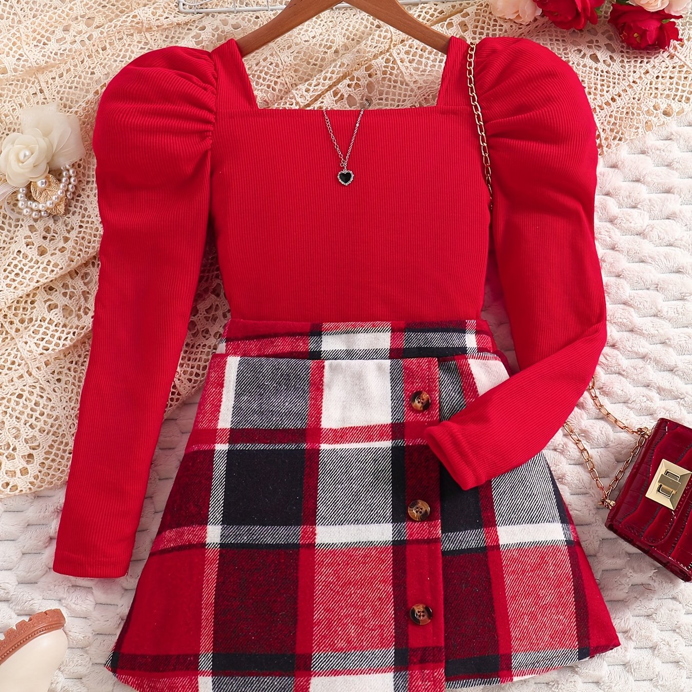 Bubble Long Sleeve Girls' Skirt Set V-neck Top Spring Autumn Style Skirt