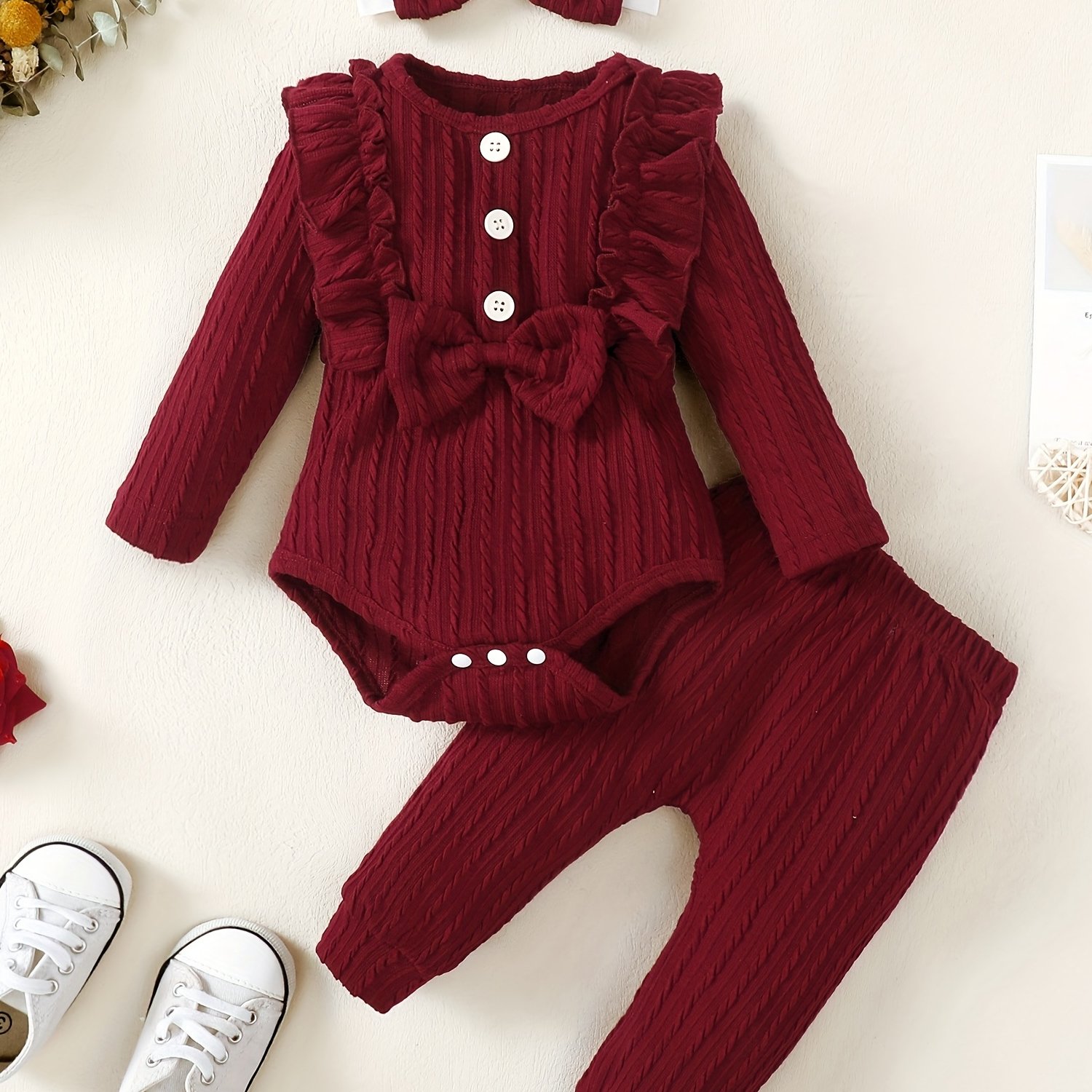 Spring/autumn Girl Red Onesie And Pants 2pcs Set, For Outdoor