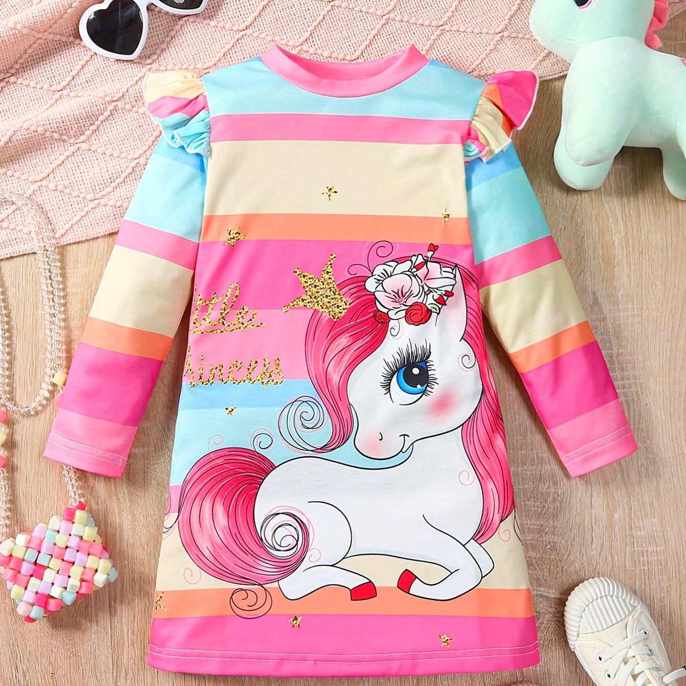 Image of Girls' Fashionable Casual Cartoon Unicorn Print Knit Fabric Round Neck Long Sleeve Dress For Spring And Autumn.