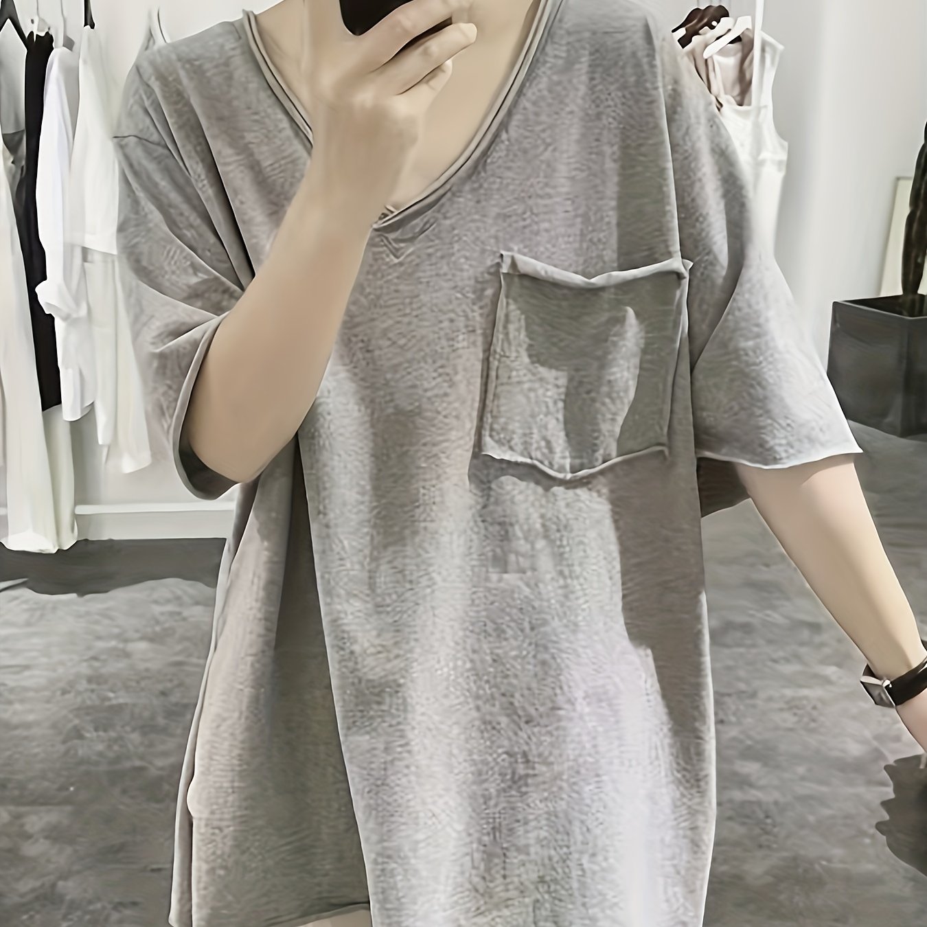 Image of Slit T-shirt Women's Summer Loose Korean Rolled Edge Front Short Back Long Short-sleeved V-neck Top