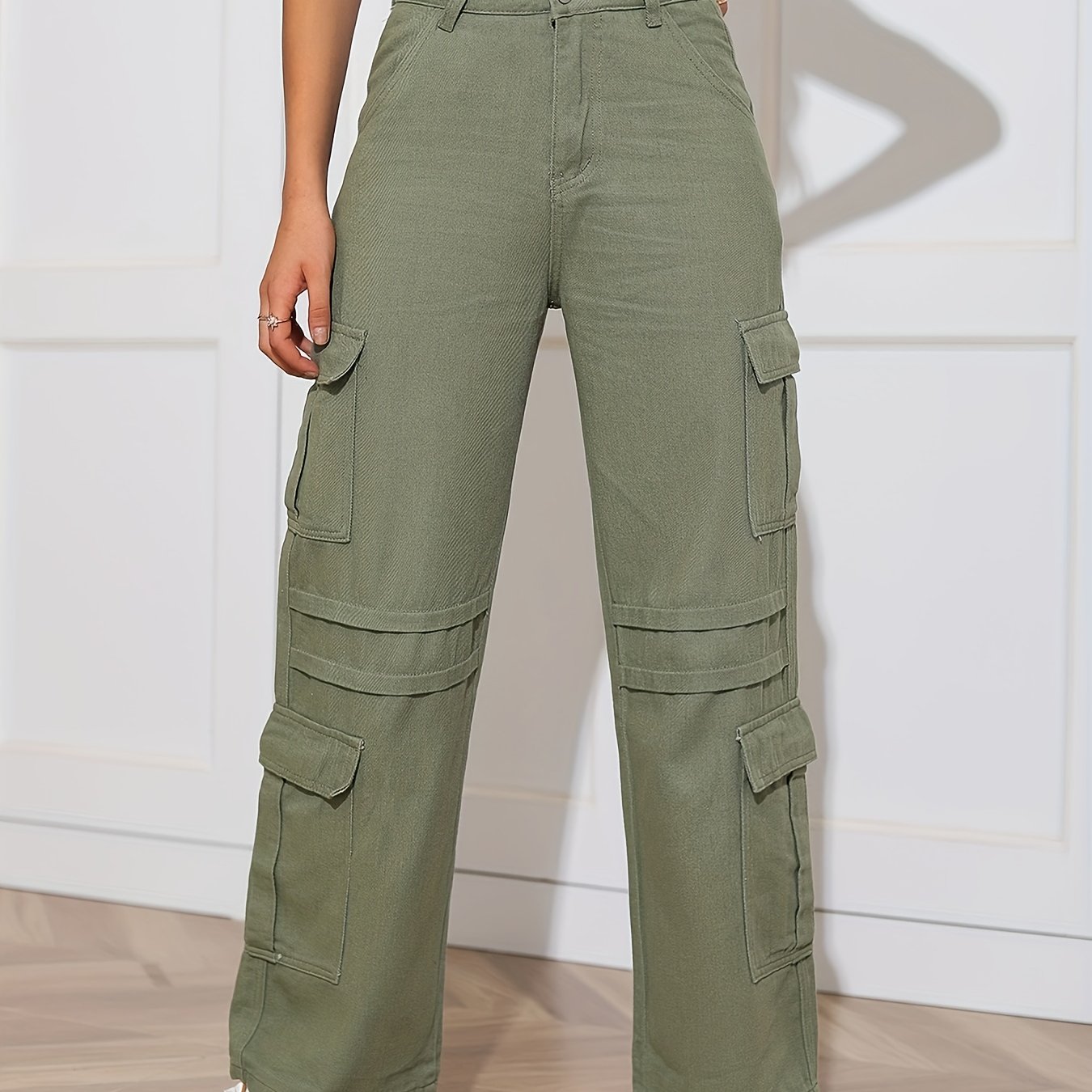 Plain Army Green Side Flap Pockets Cargo Jeans, High * Loose Fit Comfy  Denim Pants, Women's Denim Jeans & Clothing