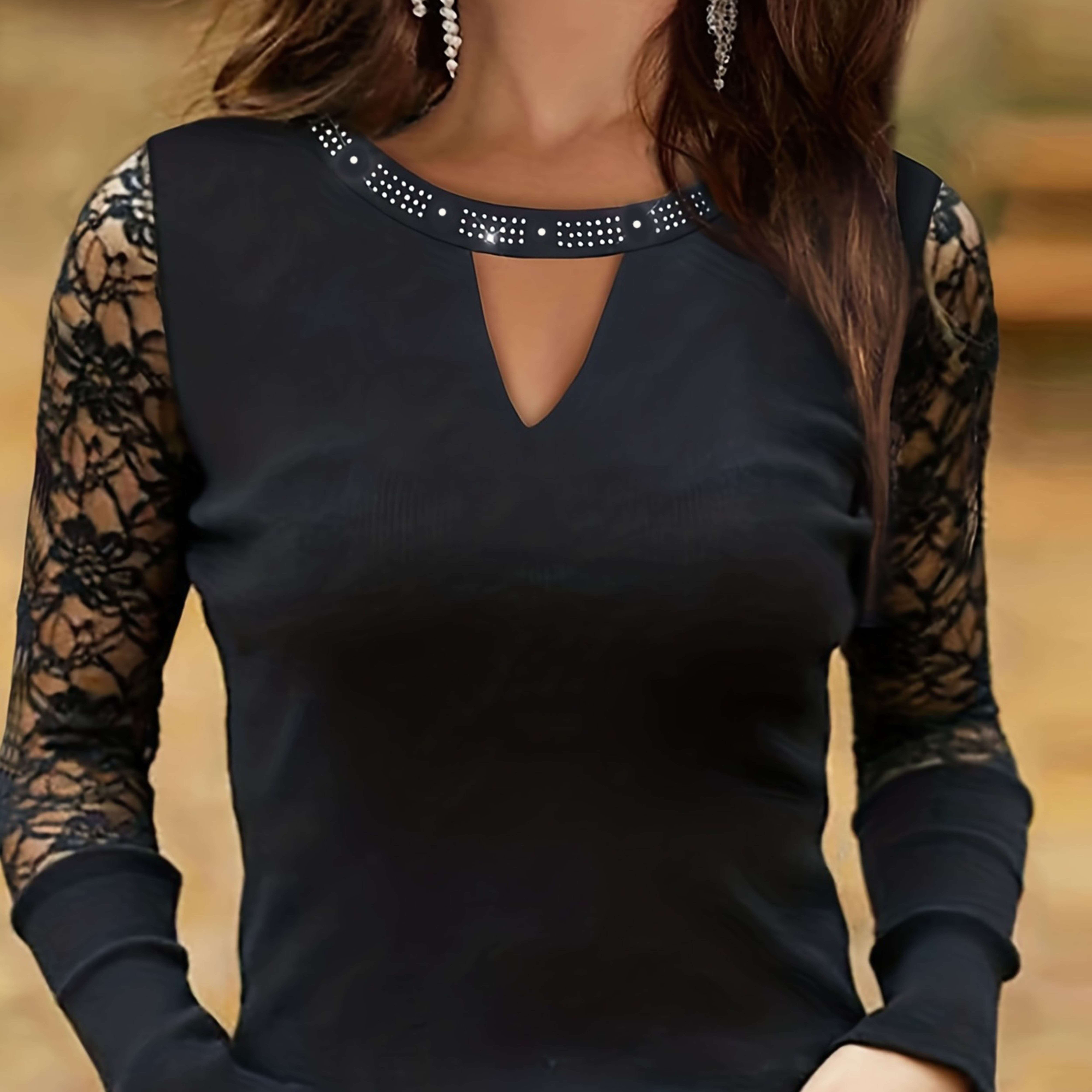 Image of Women's New Hot Drilled T-shirt Fashion Long Sleeve Lace Top Women's Fall Winter Casual Round Neck Top