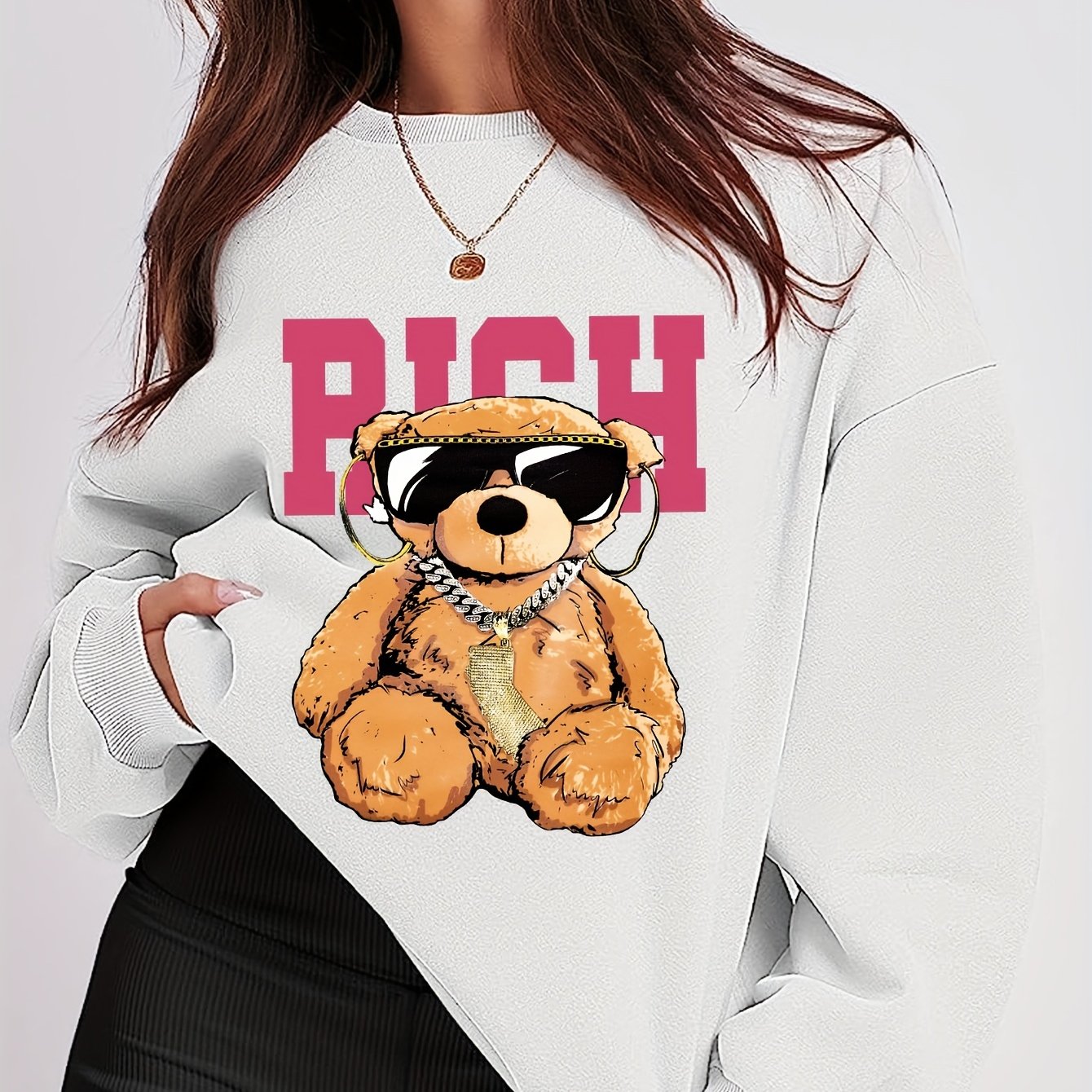 Rich Bear Print Loose Sweatshirt, Cute Long Sleeve Crew Neck