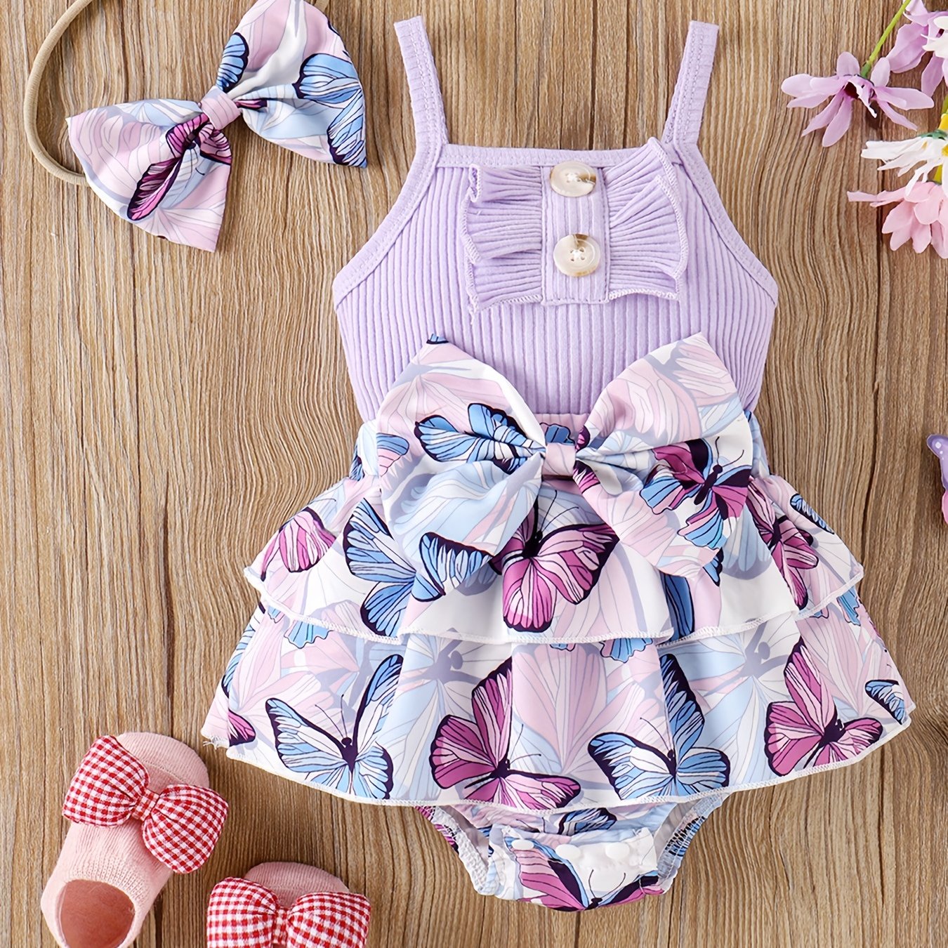 2pcs Baby Girl Solid Ribbed Sleeveless Spaghetti Strap Romper and Butterfly Print Bowknot Shorts Set