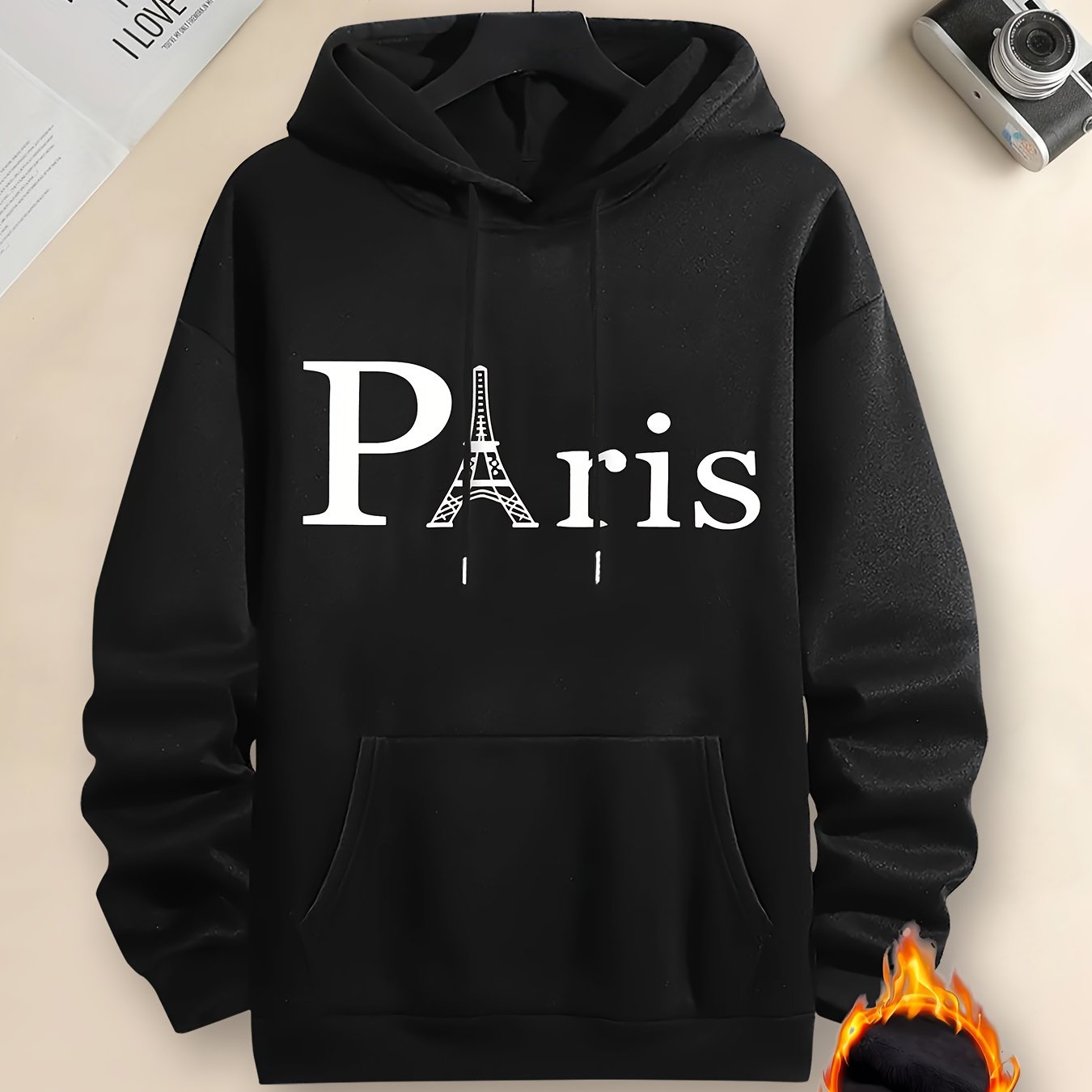 TEMU Men's Casual Paris Graphic Hoodie - Long Sleeve, 100% Polyester Pullover With Kangaroo Pocket, Machine Washable, Black