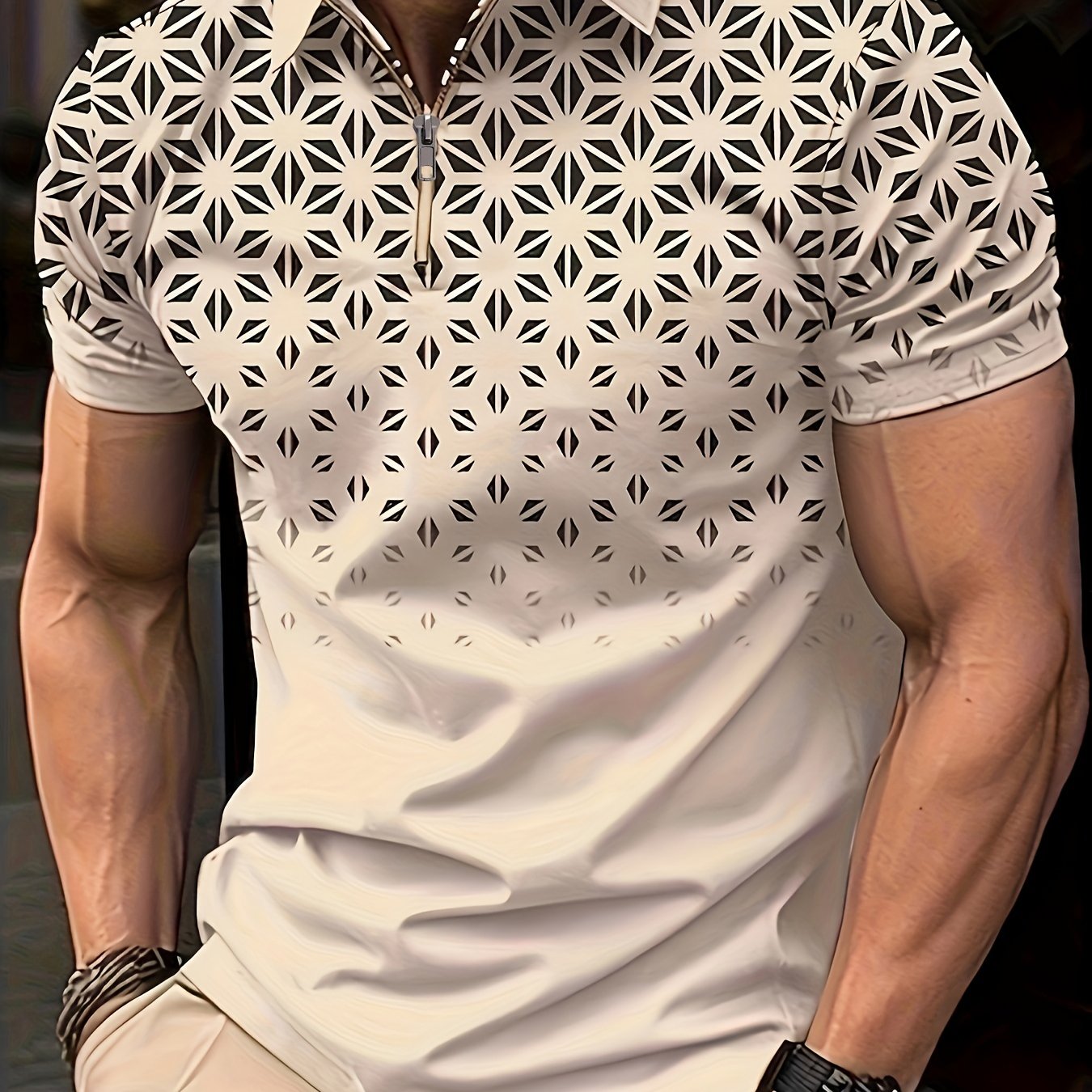 TEMU Geometry Pattern Men's Casual Comfy Versatile Fit Zip Short Sleeve Shirt, Mens Golf Shirt Tennis Shirt, Mens Clothing