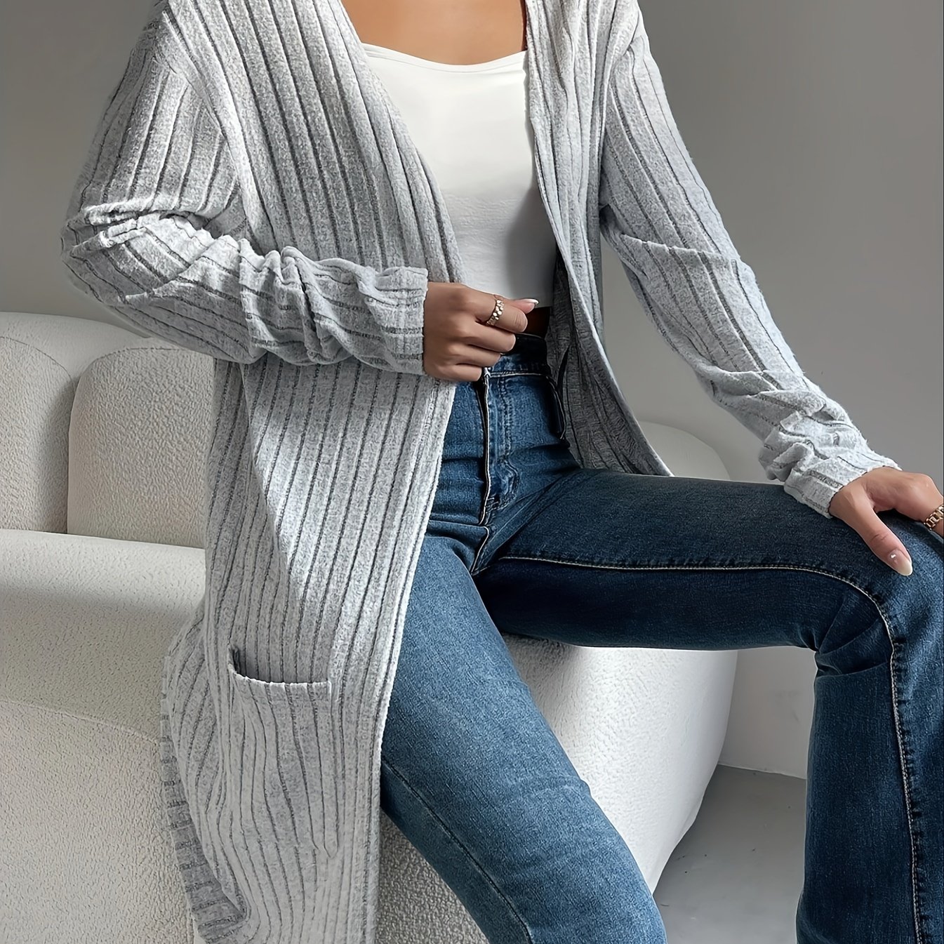 E-shop Damens Langarm-Strickjacke – Weicher Stretch-Rundhalsausschnitt mit , Maschinenwaschbarer Eleganter Uni-Farbiger Cardigan für Frühling/Herbst,