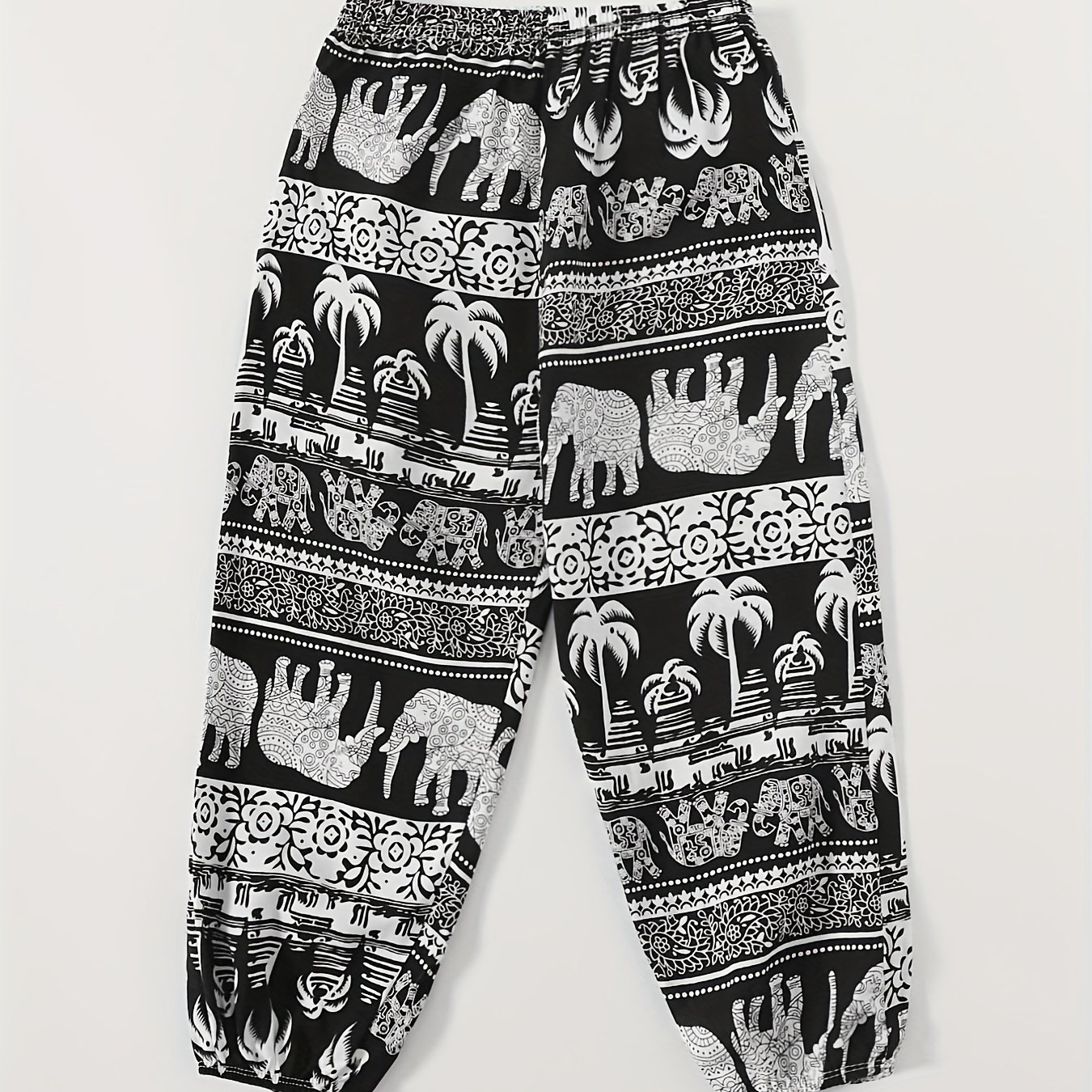 Image of Parent- Spring And Summer Thin Fabric Men's And Women's ' Model Black And White Tree Elephant Casual Lantern Pants Nine-inch Beach Pants, Perfect For Outdoor,boys And Girls Clothes