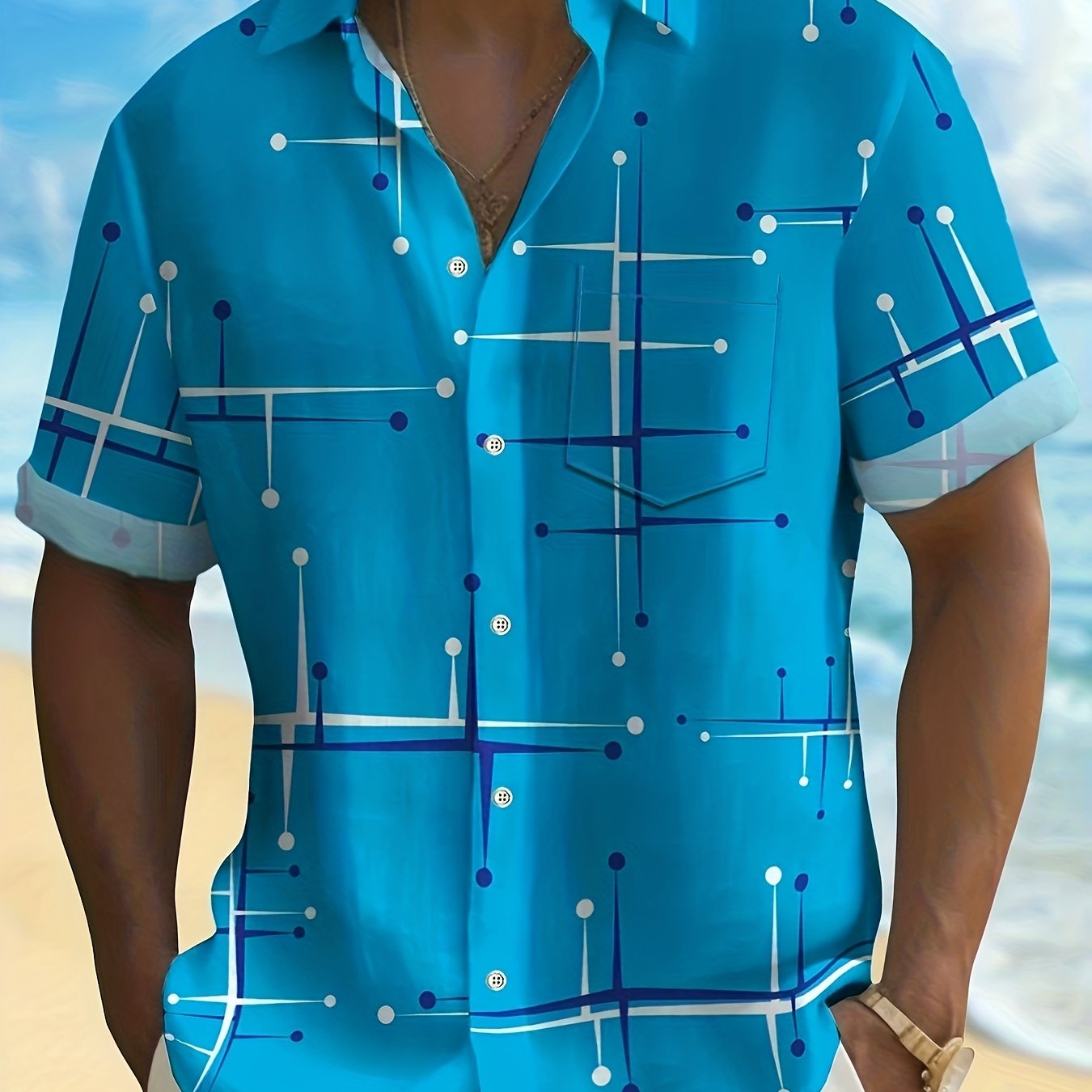 Retro Geometric Line Print Men's Button-up Pocket Shirt