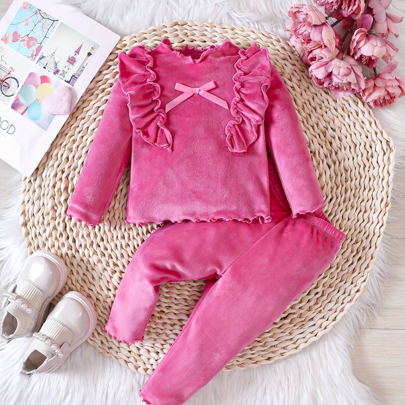 Image of Baby Girl Autumn And Winter Solid Color Fleece Long-sleeved Set, Back-to- Gift, Baby Girl Valentine's Day Pants Set, Girl Back-to-school Outfit, Baby Holiday Small Gift, , Baby Essentials, For Outdoor