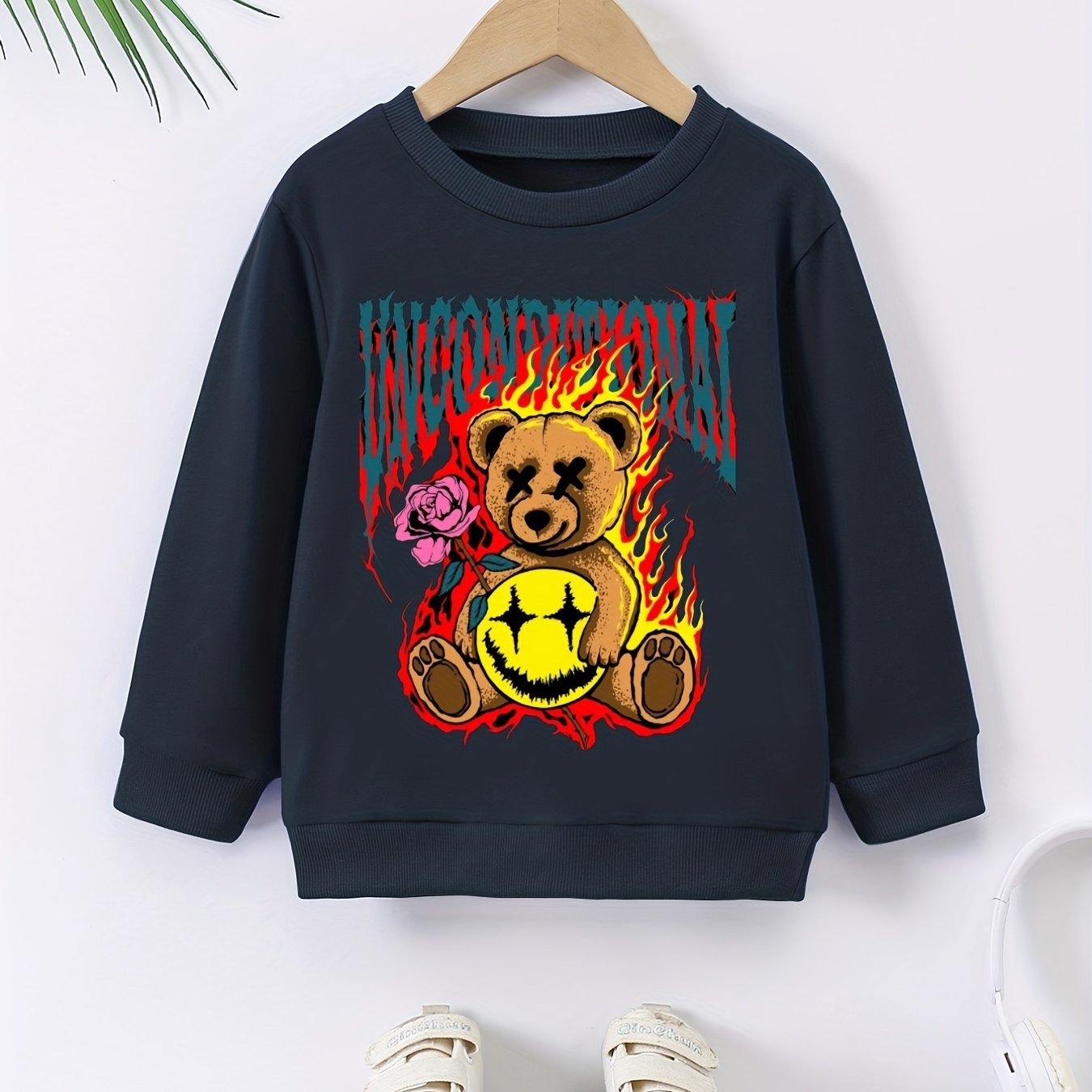 Cartoon Bear Funny Face Pattern Boy's, Fake Two Piece Sweatshirt